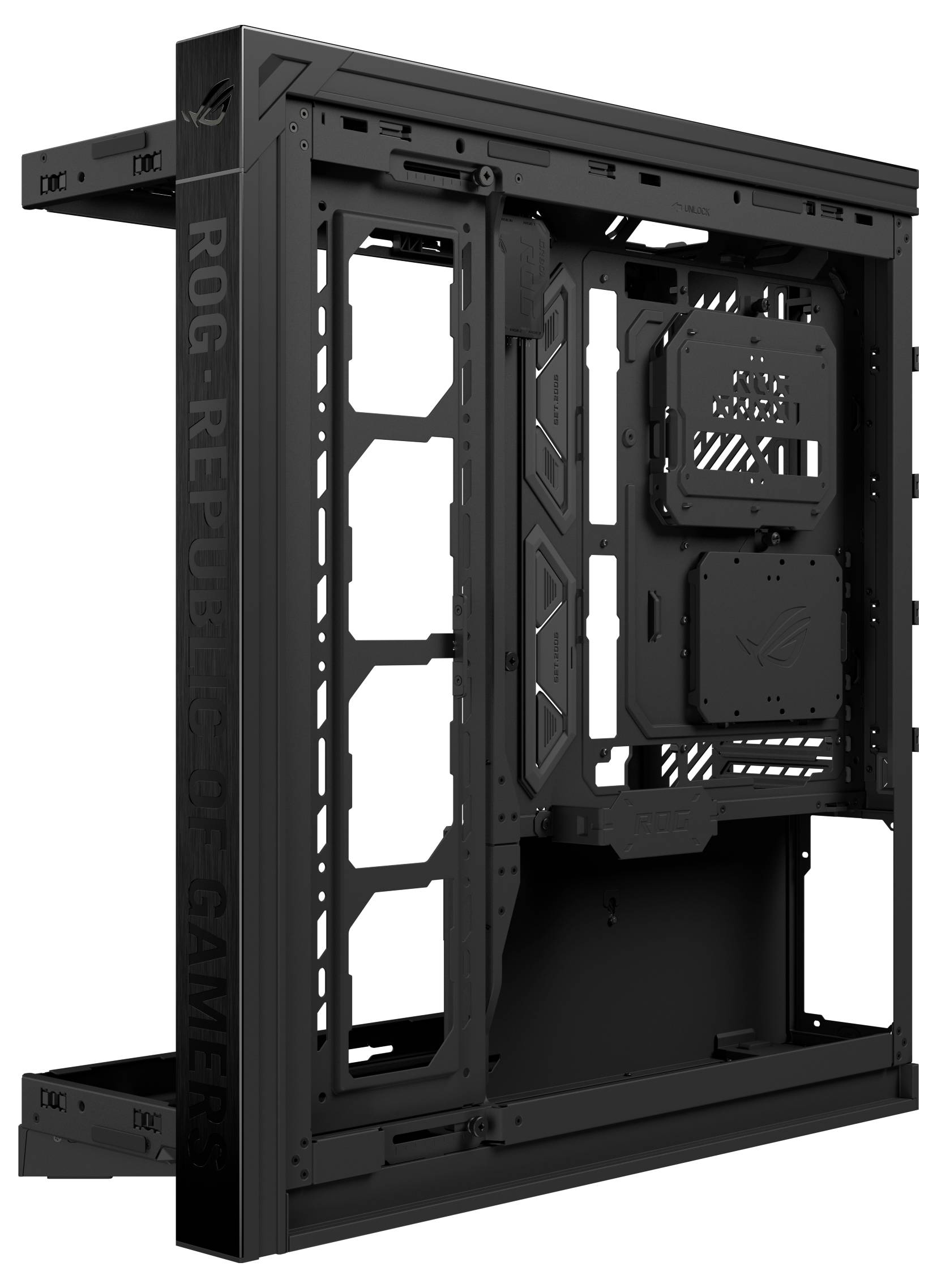 Schwarzes PC-Gehäuse mit offenen Seiten, auf dem linken Panel mit „ROG REPU