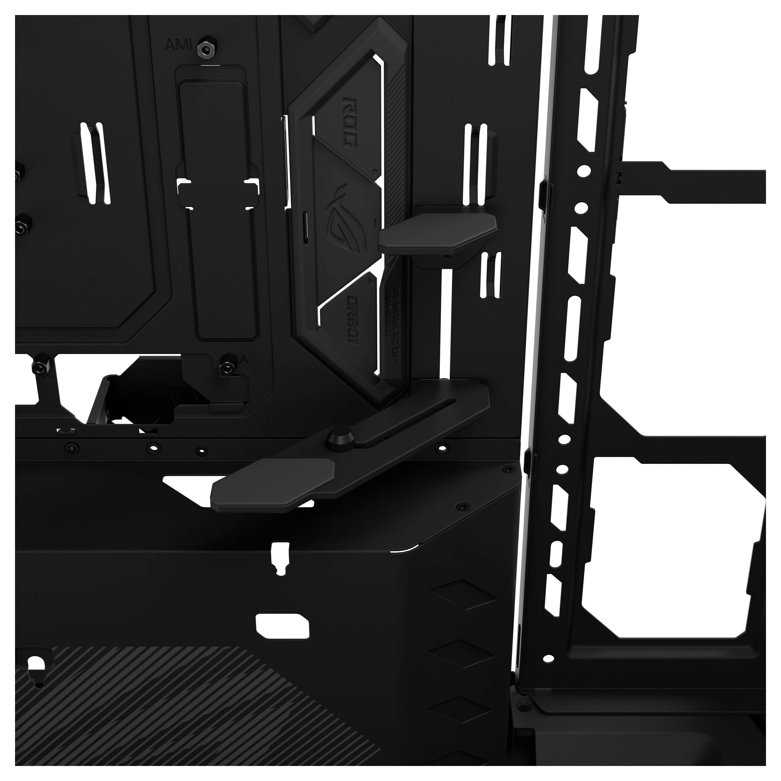 Schwarzes PC-Gehäuseinneres mit Motherboard-Tray, Montageklammern und sichtbarem Festplattenschacht-Bereich im Inneren eines offenen Computergehäuses.