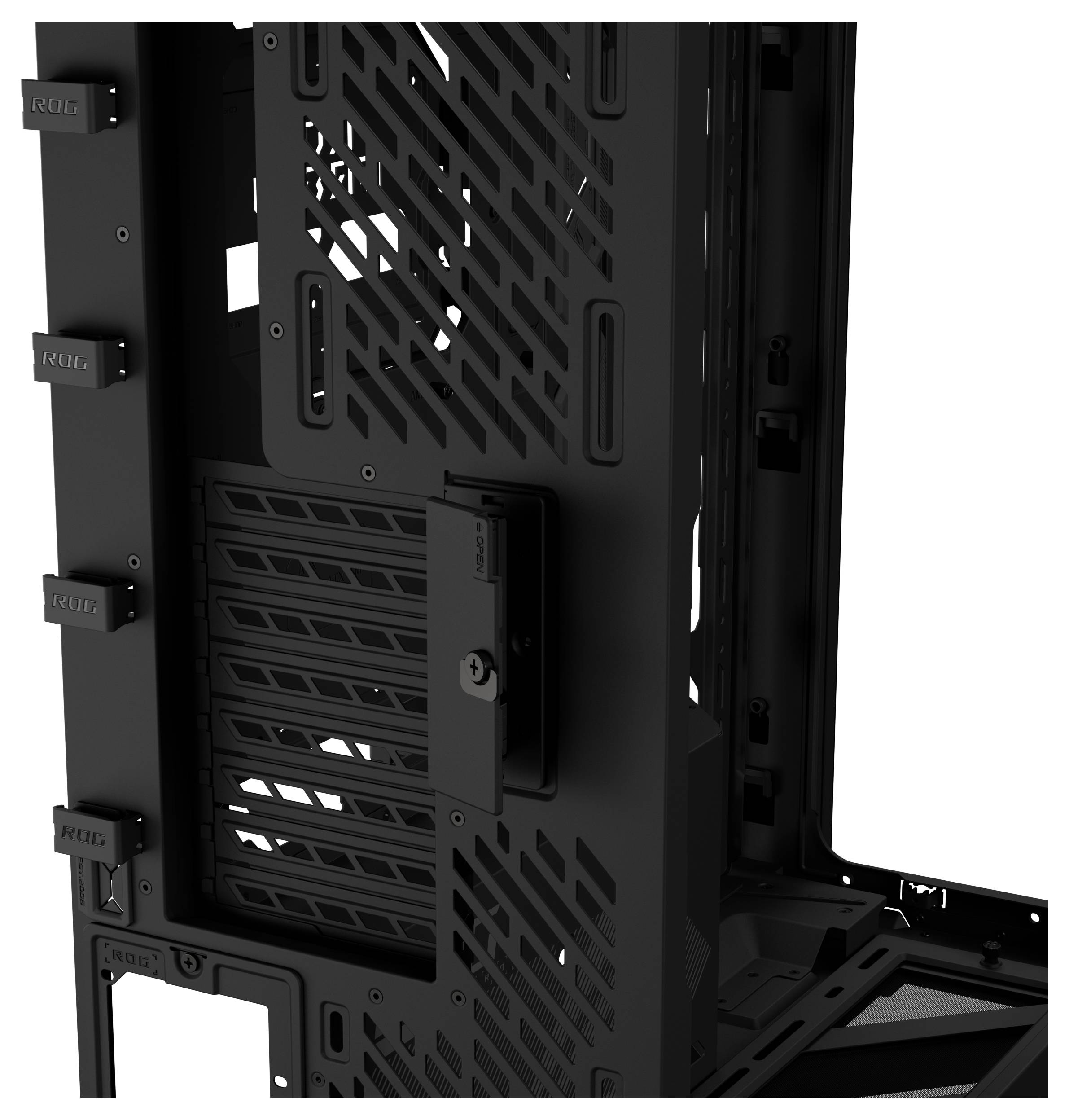 Schwarzes Computergehäuse-Innenpaneel mit Lüftungsausschnitten, Befestigungspunkten und Kabelführungsbügeln in Nahaufnahme gezeigt.