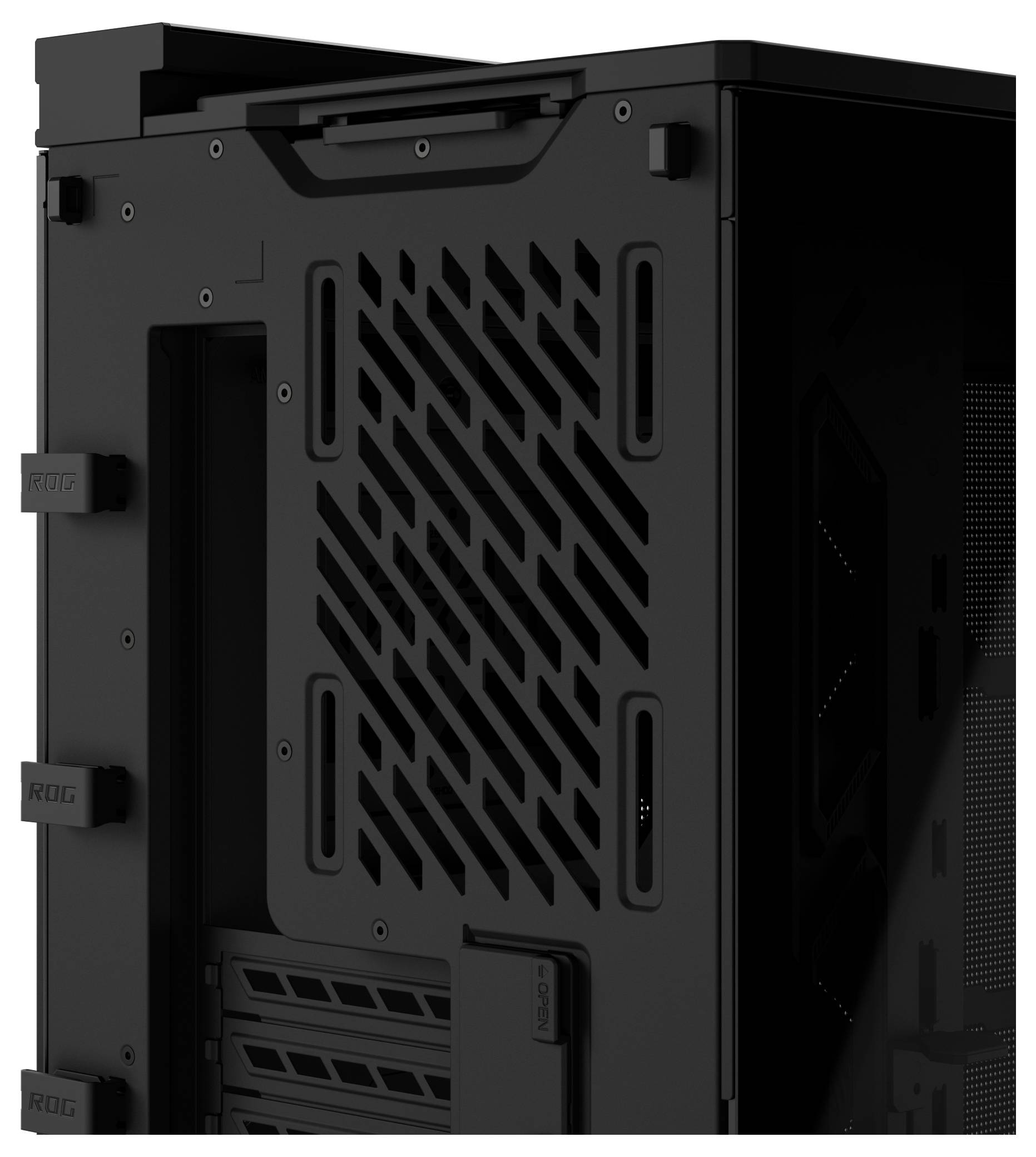 Schwarzes Desktop-Computer-Gehäuse in Seitenansicht mit belüftetem Frontpanel und hinteren Kabelhalterungen.