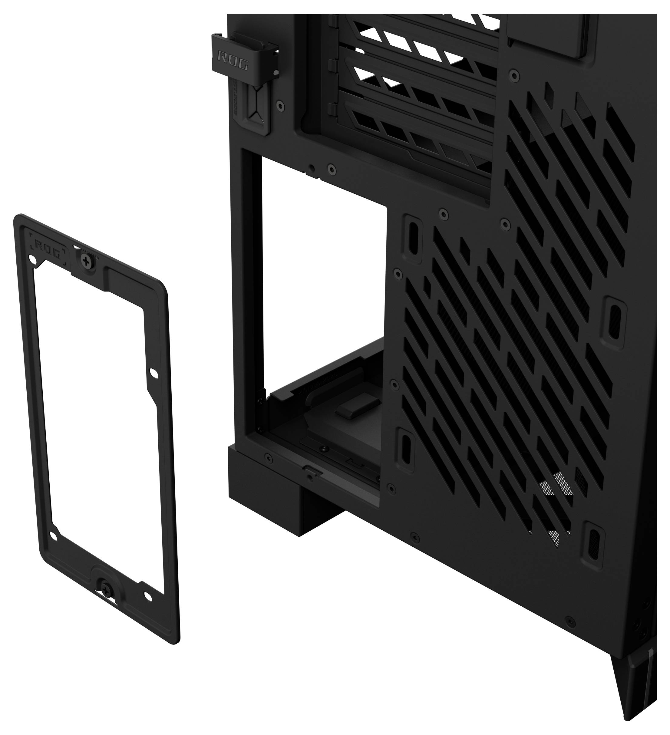 Computergehäuse-Seitenpanel mit einem Luftfilterrahmen, der neben dem Gehäuse entfernt gezeigt wird, wodurch die Filterplatzierung und der Zugriff veranschaulicht werden.