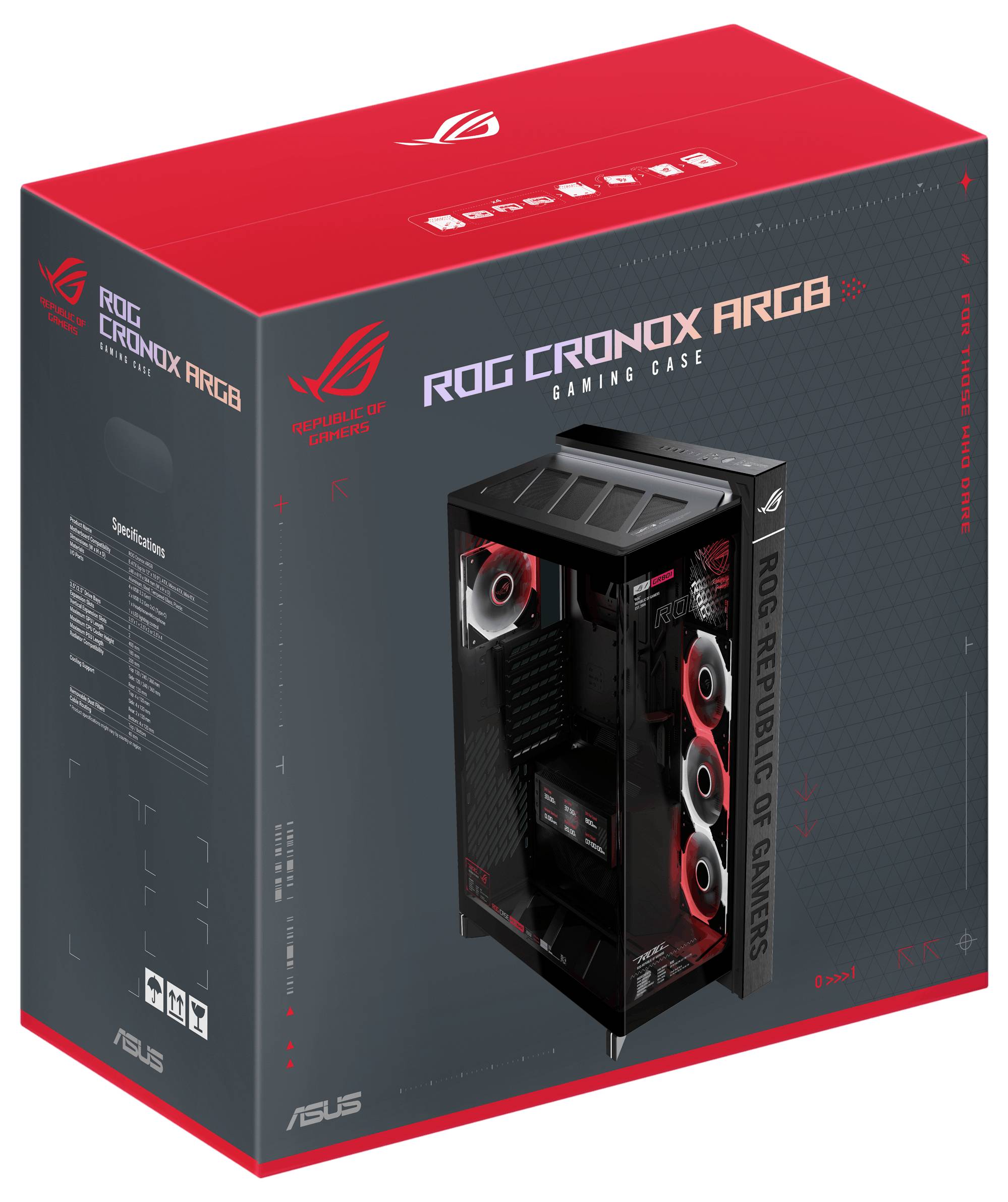 ASUS ROG CRONOS ARGB Gaming-Gehäuse, das das Gehäuse mit roten RGB-Lüftern und ROG-Branding auf einer schwarz-roten Verpackung zeigt.