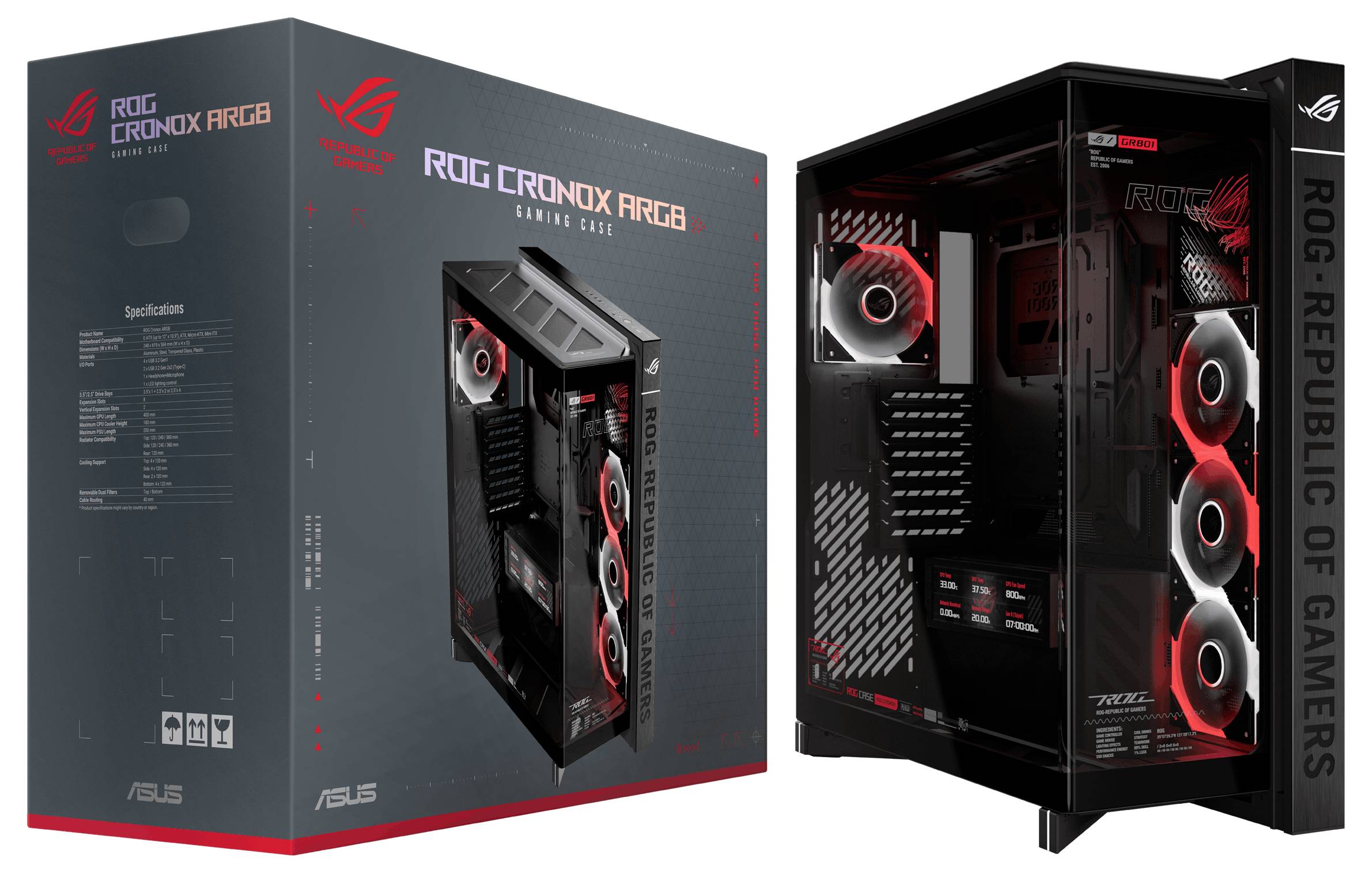ASUS ROG GR701 Gaming-PC-Gehäuse, gezeigt in seiner Einzelhandelsverpackung, mit einem schwarzen Tower-Gehäuse mit roten RGB-Lüftern und Republic of Gamers-Branding.