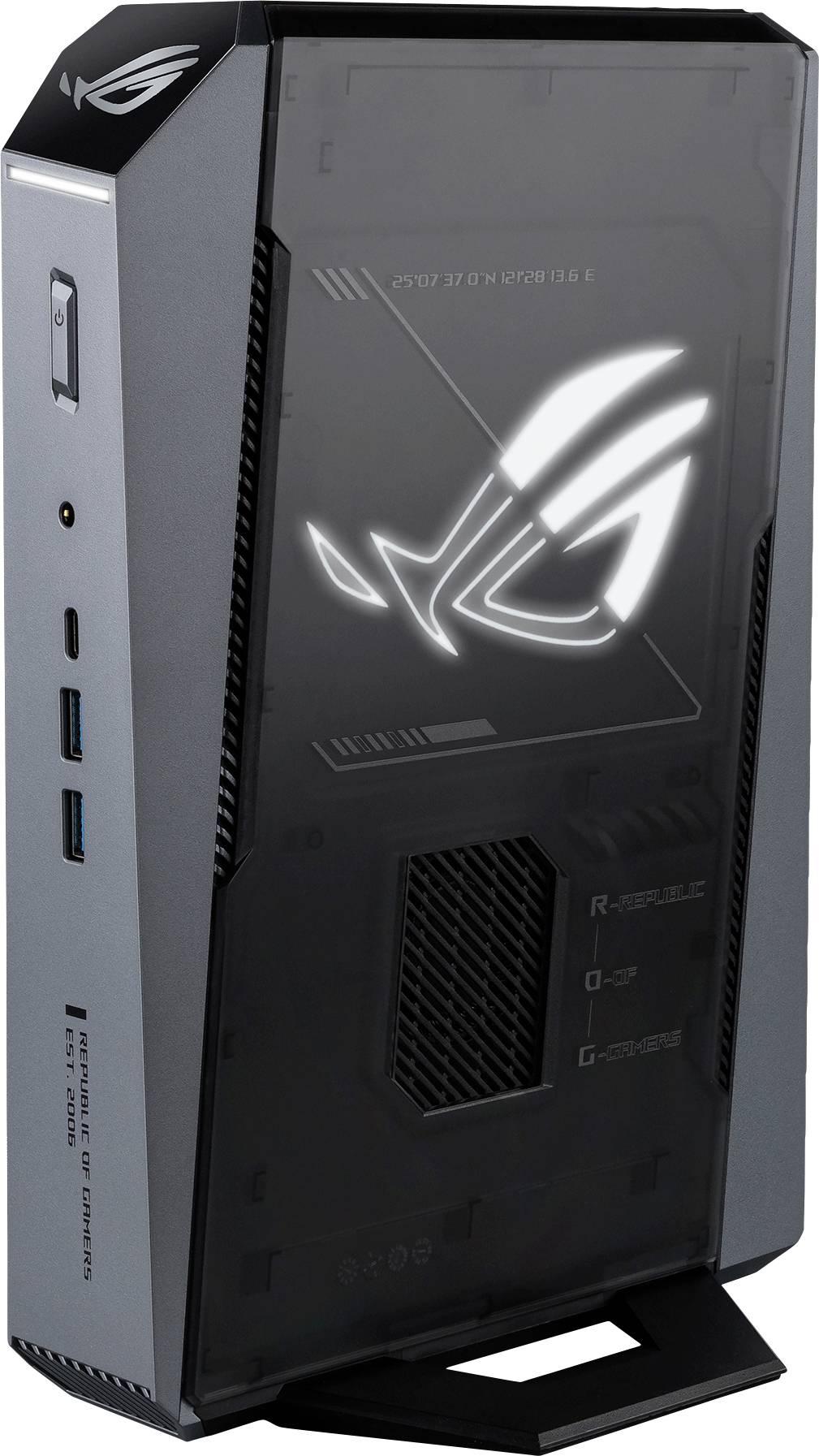 Vorderansicht eines kompakten ASUS ROG Gaming-Gehäuses mit beleuchtetem ROG-Logo und Seitenpaneel, das die sichtbaren vorderen Anschlüsse zeigt.