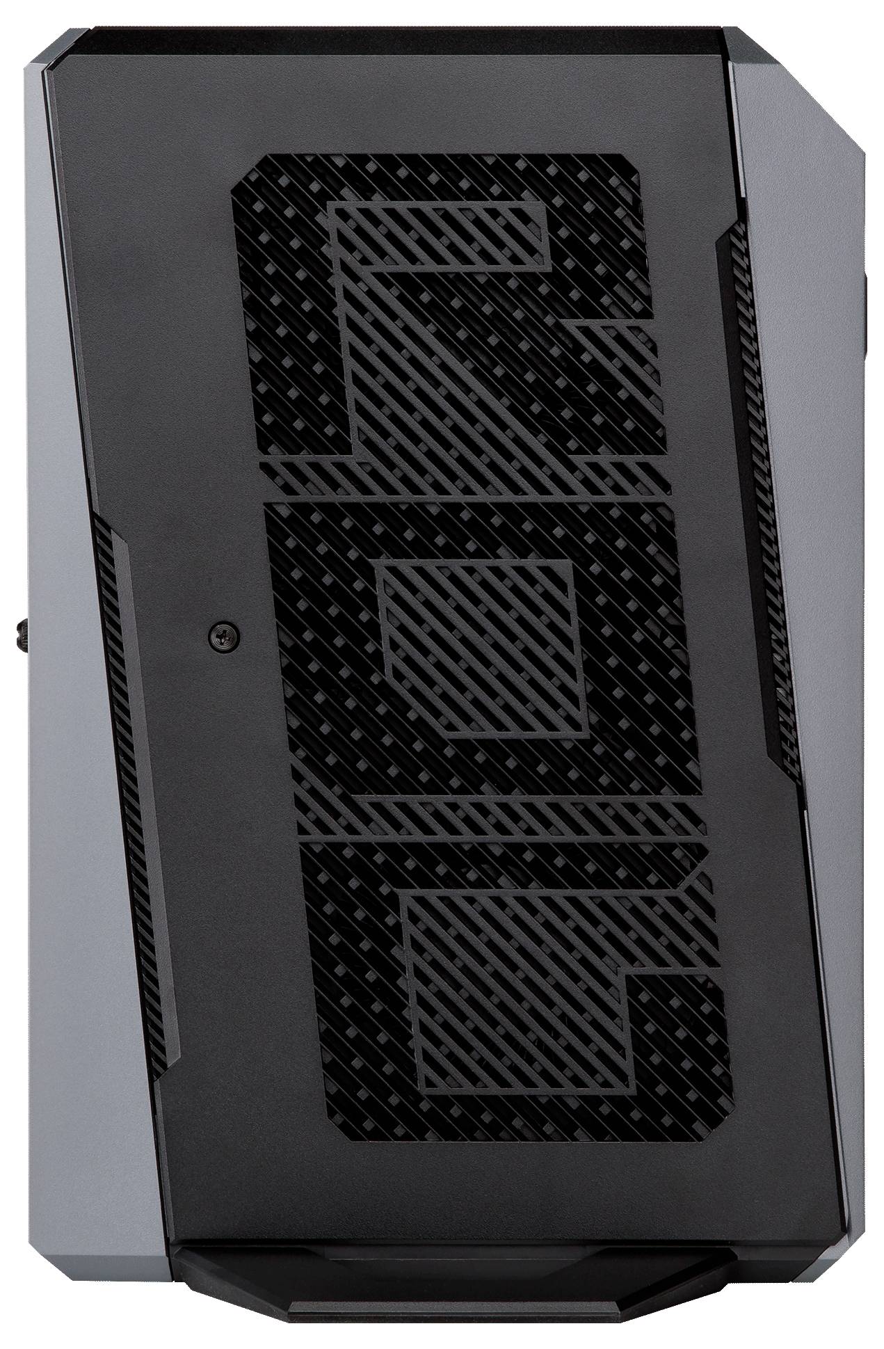 Schwarzes und graues Desktop-PC-Gehäuse mit einer kohlefaser-ähnlichen Frontplatte und geometrischen Ausschnittlüftungsöffnungen, dargestellt vor weißem Hintergrund.