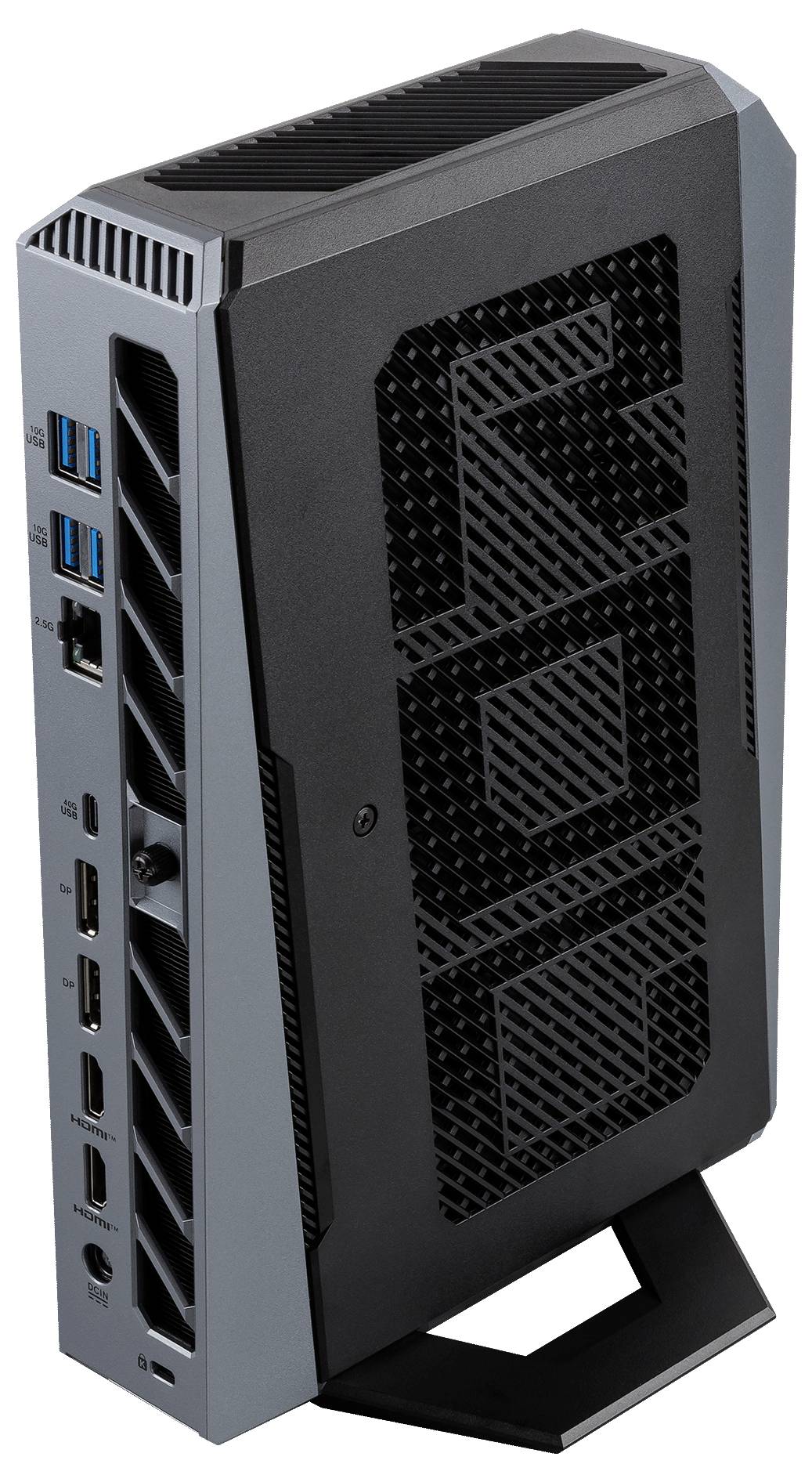 Kompakter schwarzer Mini-Desktop-PC-Turm mit Belüftungsgitter, Ständer und vorderen USB- und Audioanschlüssen