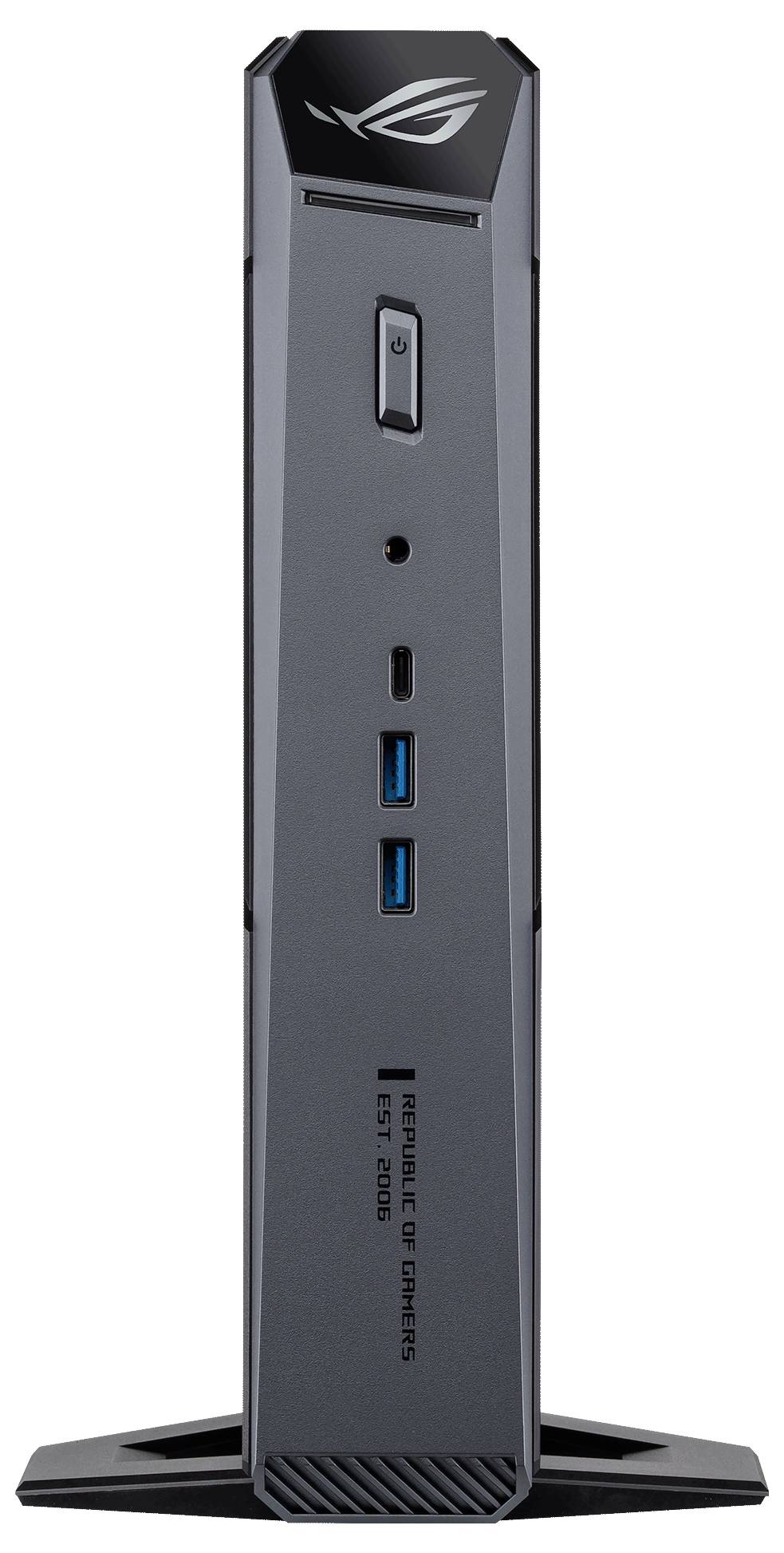 Vorderansicht eines ASUS ROG Mini-PC-Docks oder einer Halterung mit Stromschalter, Anschlüssen und ROG-Logo auf einer schwarzen Basis.