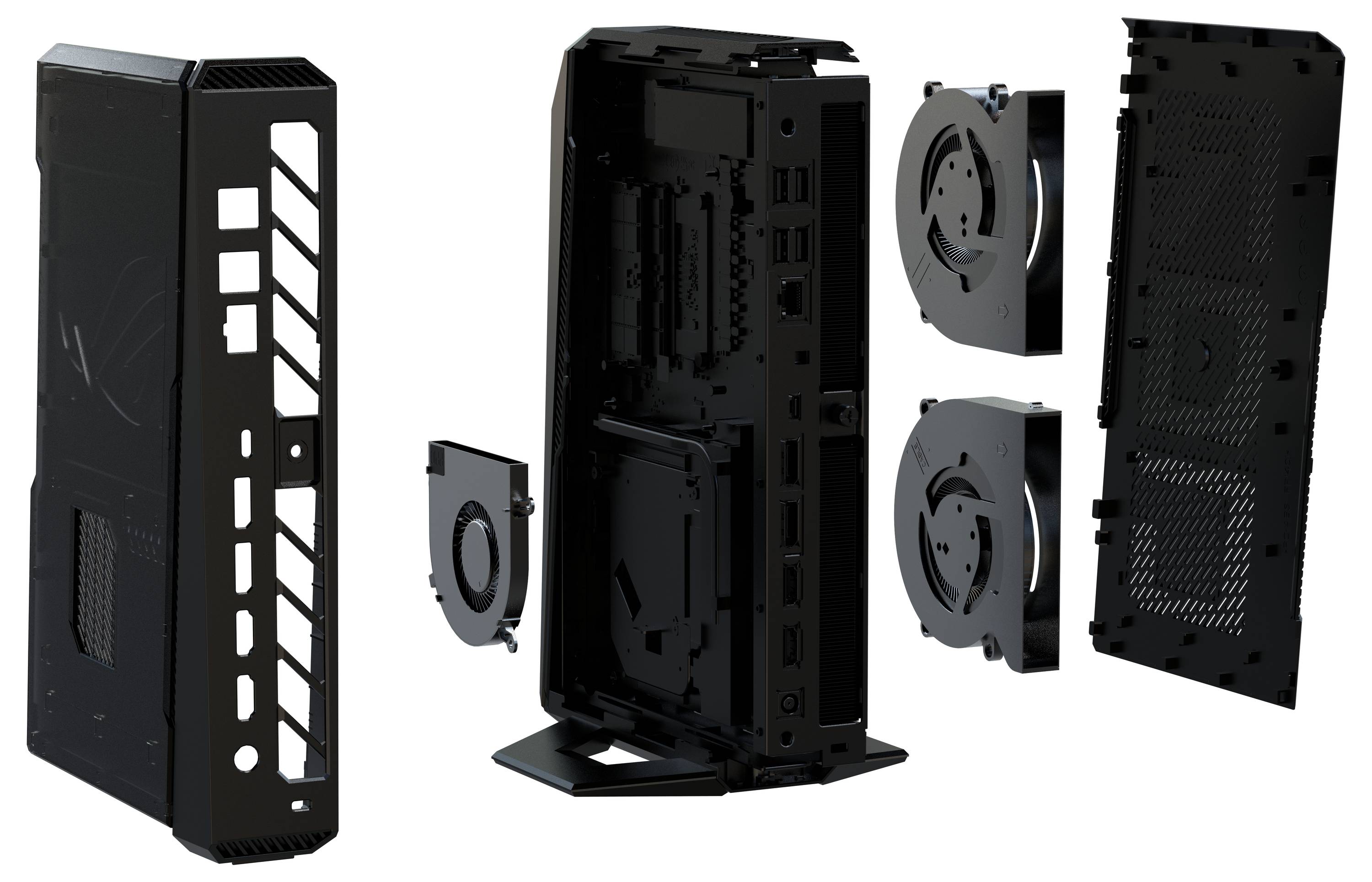 Explosionsdarstellung eines schwarzen Computergehäuses, das das Chassis, die Front- und Seitenpaneele, den Schachtrahmen für Laufwerke und zwei Kühlventilatoren in separierter Form zur Montage zeigt.