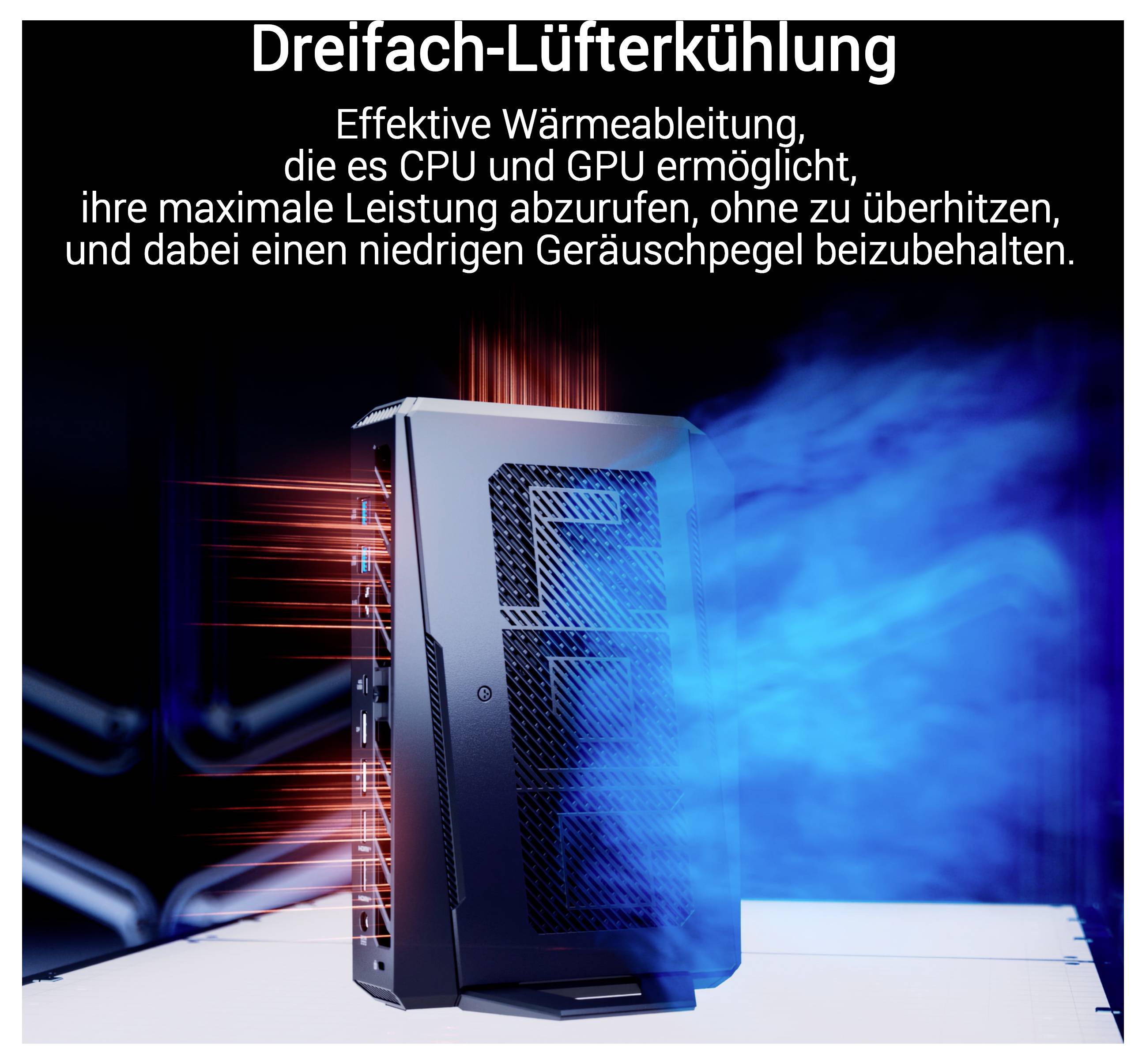 Grafik einer Bewerbung für einen PC-Tower mit dem Text „Dreifach-Lüfterkühlung