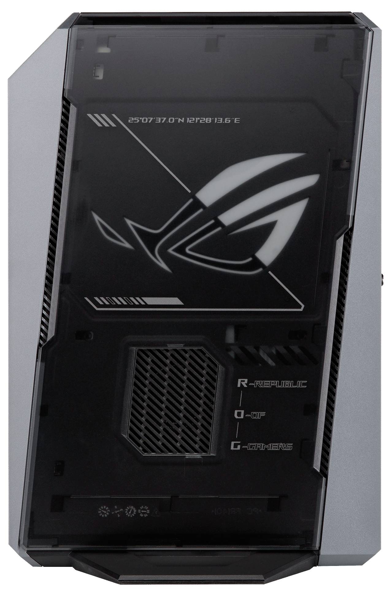 Vorderansicht eines ASUS ROG Desktop-PC-Turms mit transparentem dunklem Panel, leuchtendem Republic of Gamers-Logo und kantigem grauem Seitenakzent.