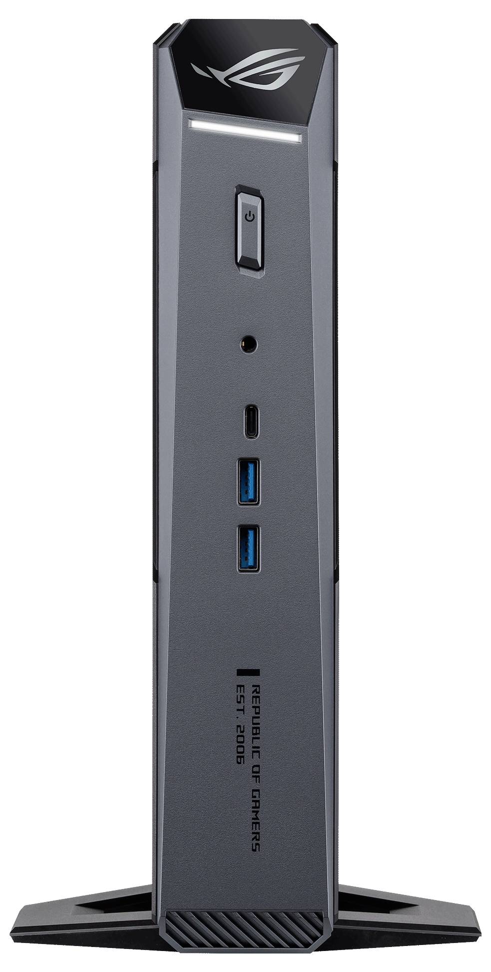 Vorderansicht eines ASUS ROG kompakten Desktop-Mini-PC-Ständers, der die Netztaste, Anschlüsse und das Logo auf einem schwarzen Sockelsockel zeigt.