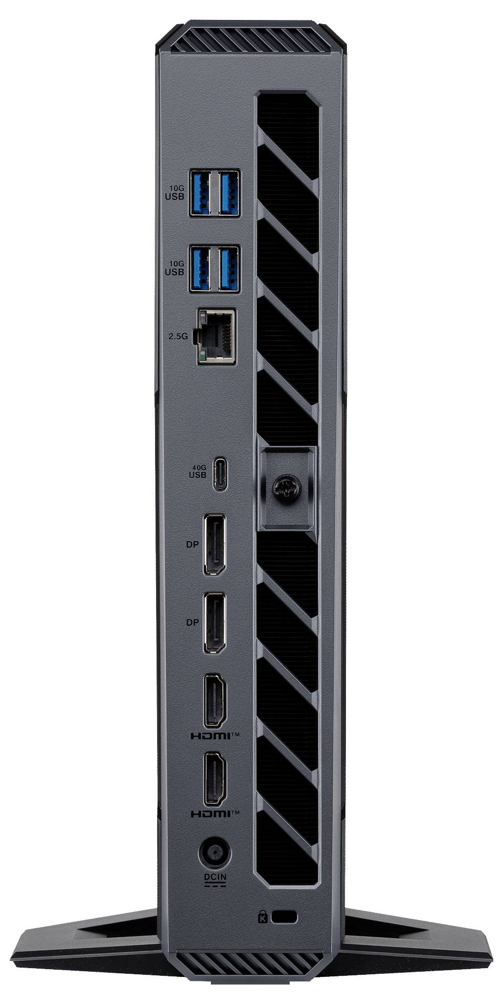 Kompakter Mini-PC in vertikaler Ausrichtung mit vorderen Anschlüssen einschließlich zwei USB-A, USB-C, zwei HDMI, Kopfhörerbuchse und einem großen Seitenlüftungsschlitz.