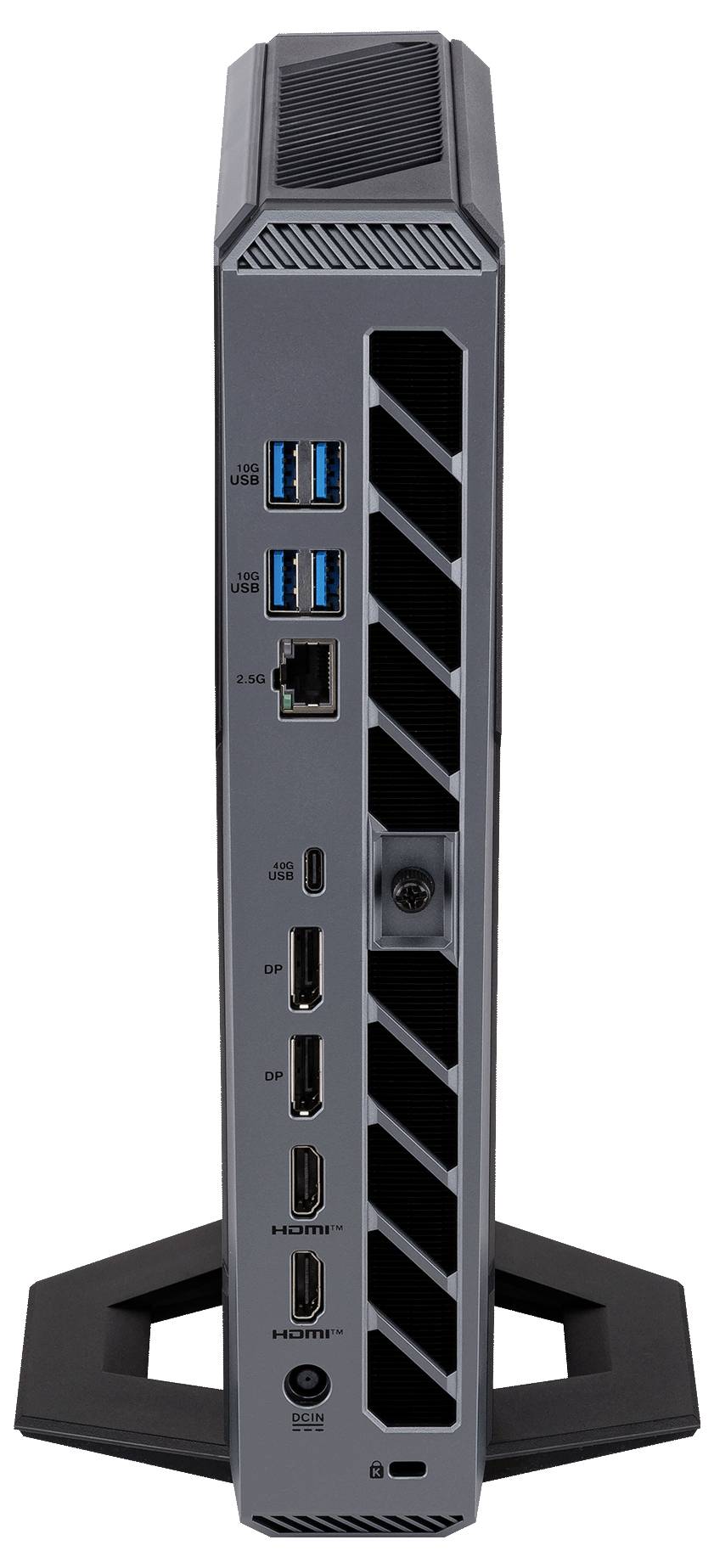 Frontansicht eines kompakten Mini-PC-Towers mit mehreren USB-Anschlüssen, Ethernet, drei DisplayPort-Ausgängen, HDMI und einem Netzschalter auf einem Ständer.
