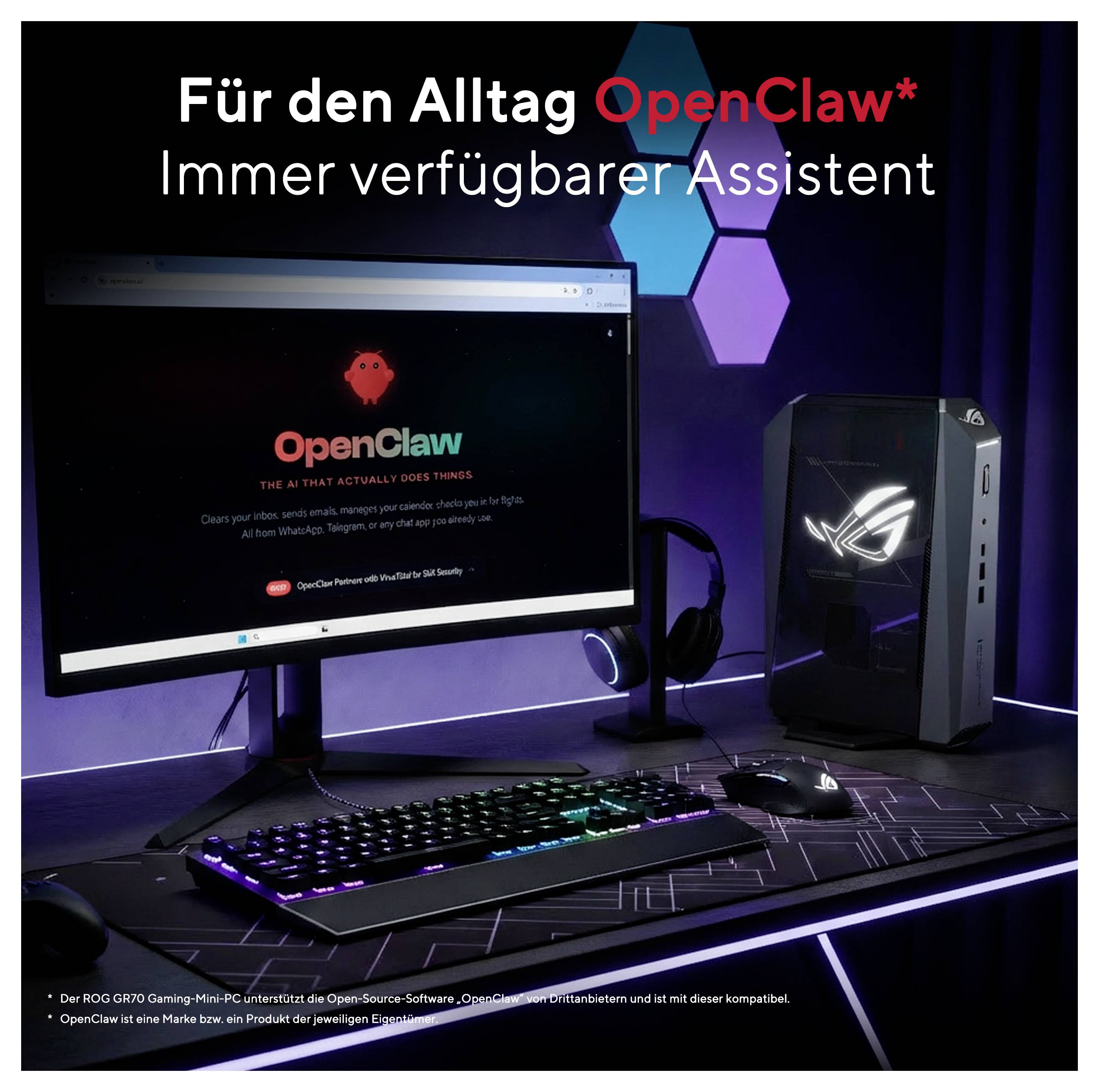 Gaming-Schreibtisch mit Monitor, der die OpenClaw-Website zeigt, RGB-Tastatur und Maus sowie kleiner PC-Tower; deutsche Überschrift lautet „Für den Alltag OpenClaw* Immer verfügbarer Assistent