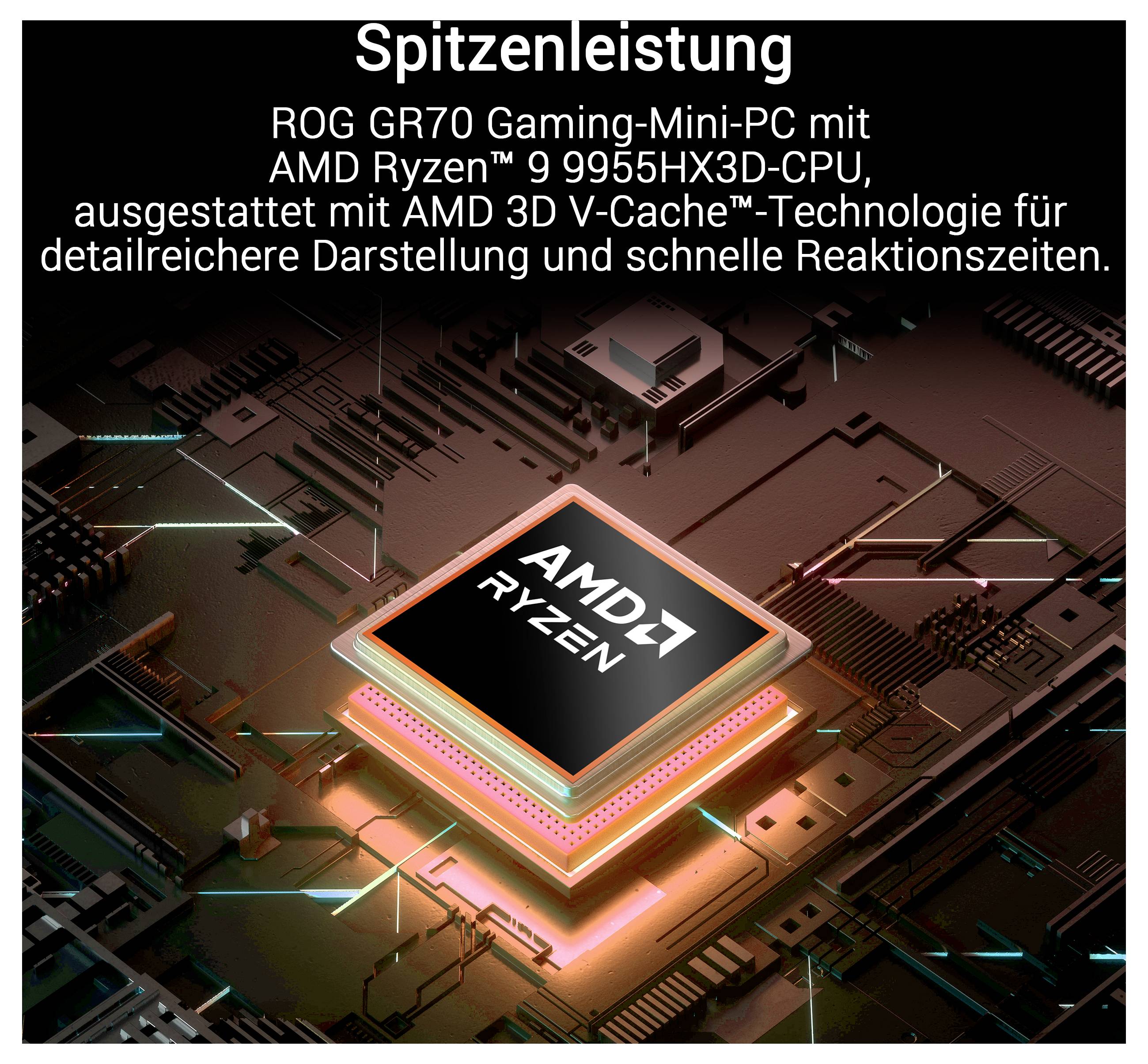 Promotionsgrafik für ROG GR70 Gaming Mini-PC mit AMD Ryzen 9 9955HX3D und AMD 3D V-Cache, mit Hervorhebung von „Spitzenleistung