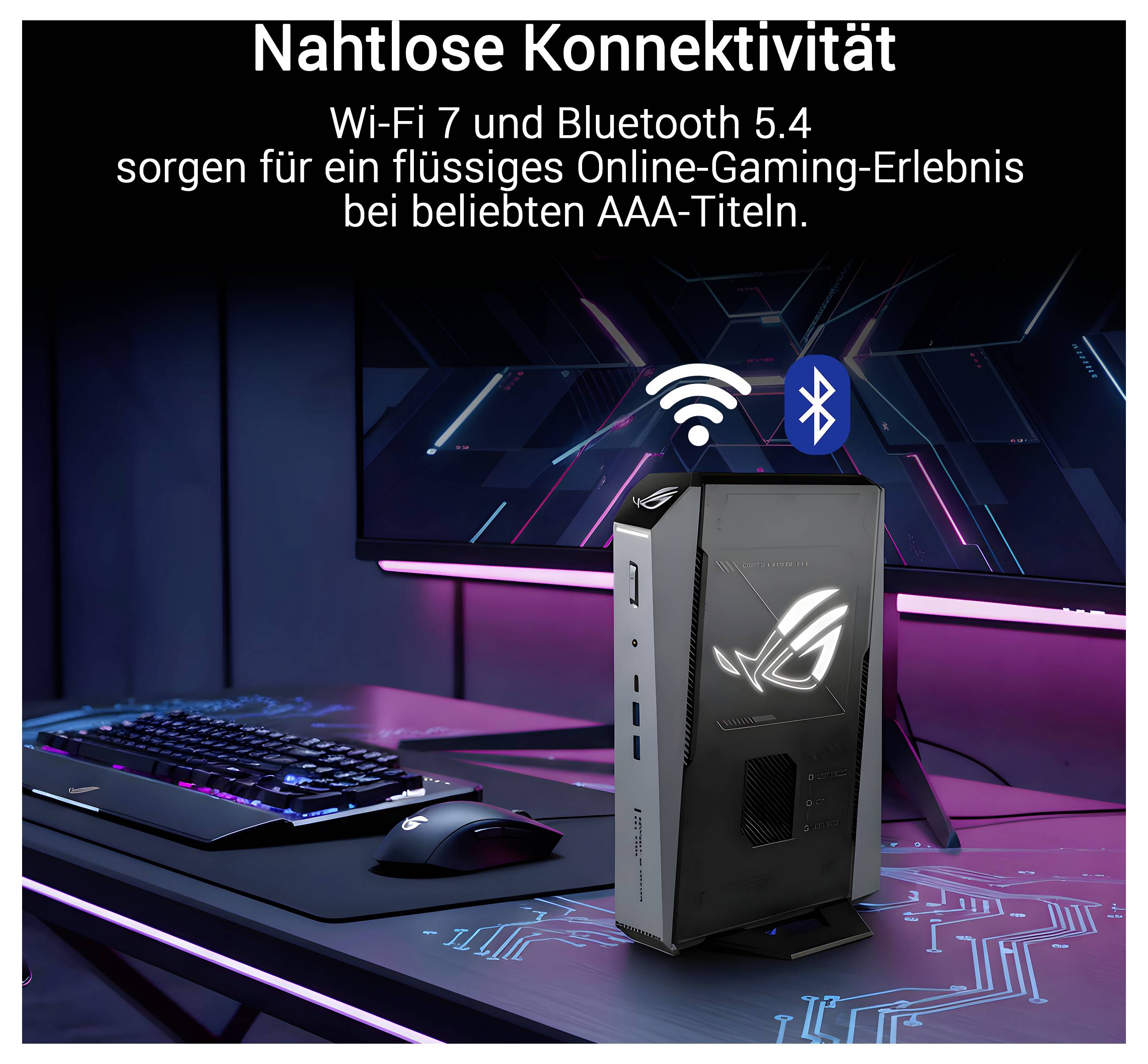 Werbebild eines Gaming-PC-Setups mit einem kompakten Desktop-Tower, Tastatur und Maus; der Text lautet „Nahtlose Konnektivität