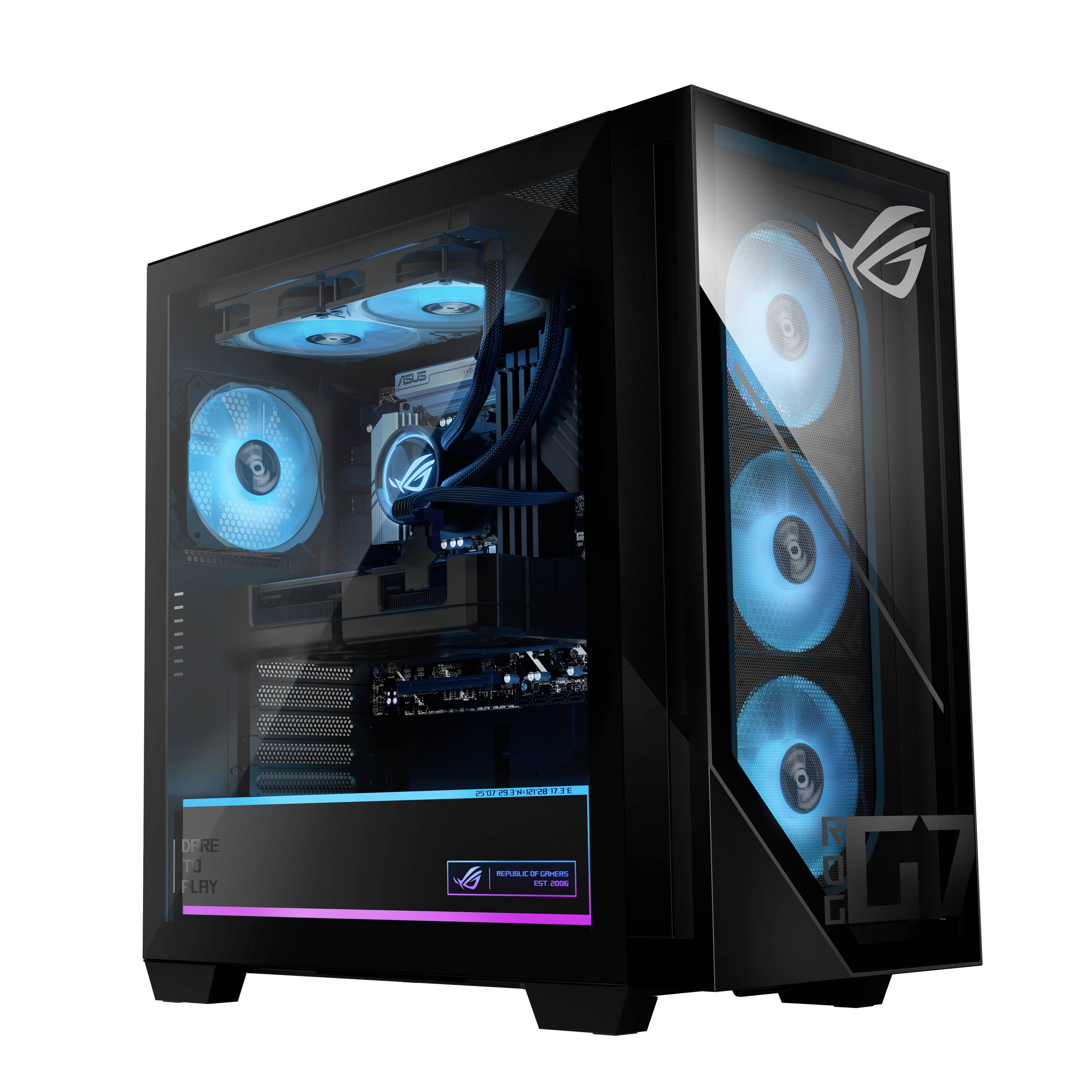 Schwarzer Gaming-PC-Turm mit transparenten Seiten- und Frontpanelen, beleuchtet durch blaue LED-Lüfter und RGB-Akzentbeleuchtung, mit sichtbaren internen Komponenten.