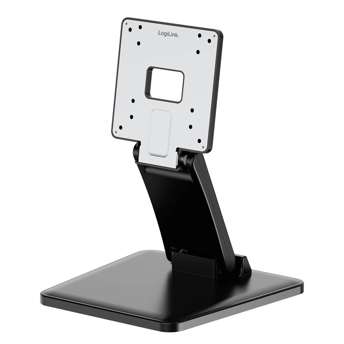 Verstellbarer LogiLink-Tablet-Ständer mit einer quadratischen Metallmontageplatte und schwarzem beschwertem Sockel auf weißem Hintergrund.