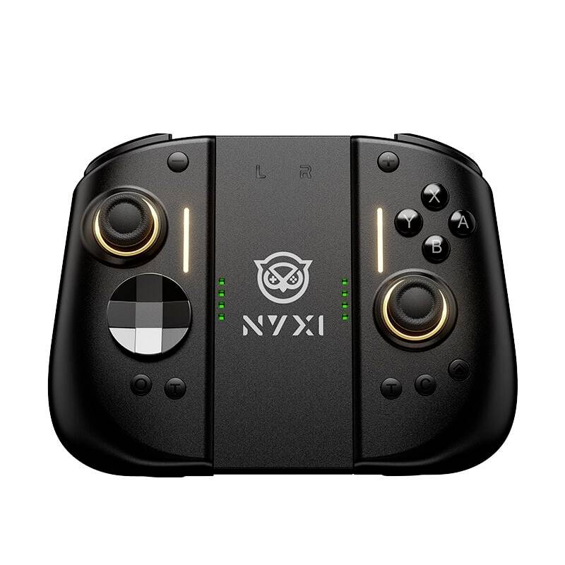 Schwarzer NVXI tragbarer Spielecontroller mit Dual-Analog-Sticks, D-Pad, Aktionstasten und beleuchteten Statusleuchten.