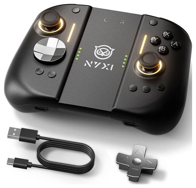 Ein schwarzer mobiler Gaming-Controller mit Joysticks und Tasten, gezeigt mit einem USB-C-Ladekabel und einer abnehmbaren D-Pad-Aufsatz.