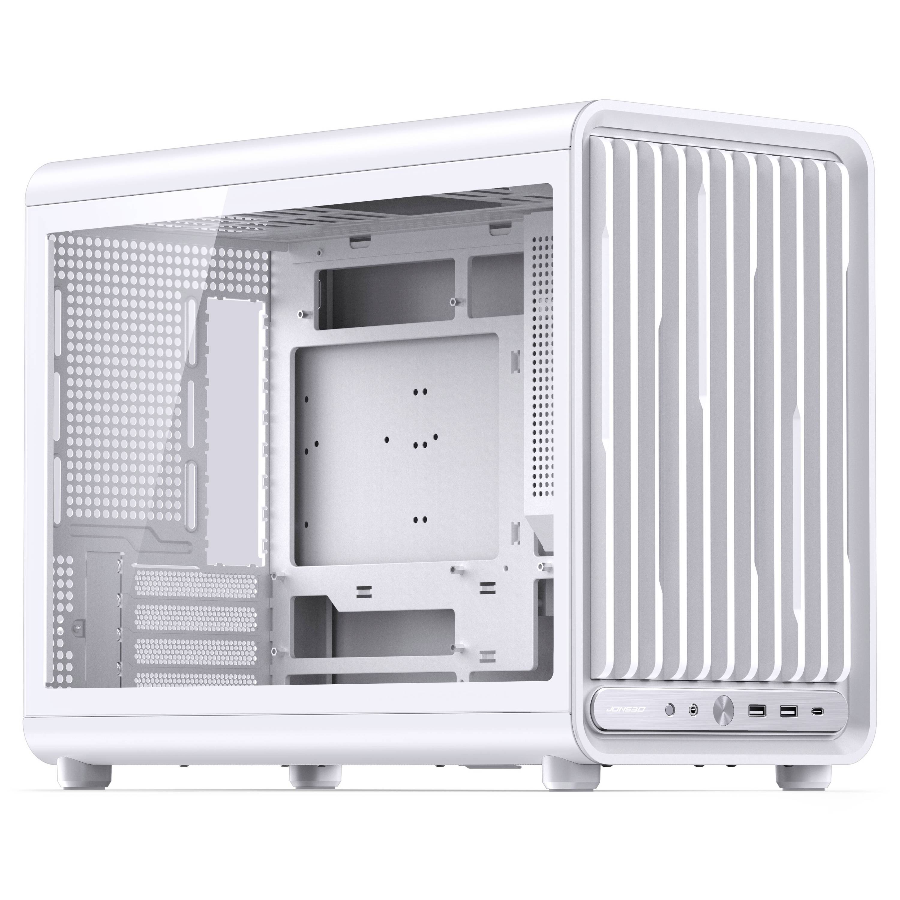 Weißes Computer-Gehäuse mit Frontblende und Seitenfenster, zeigt leeres Inneres und Laufwerkschächte.