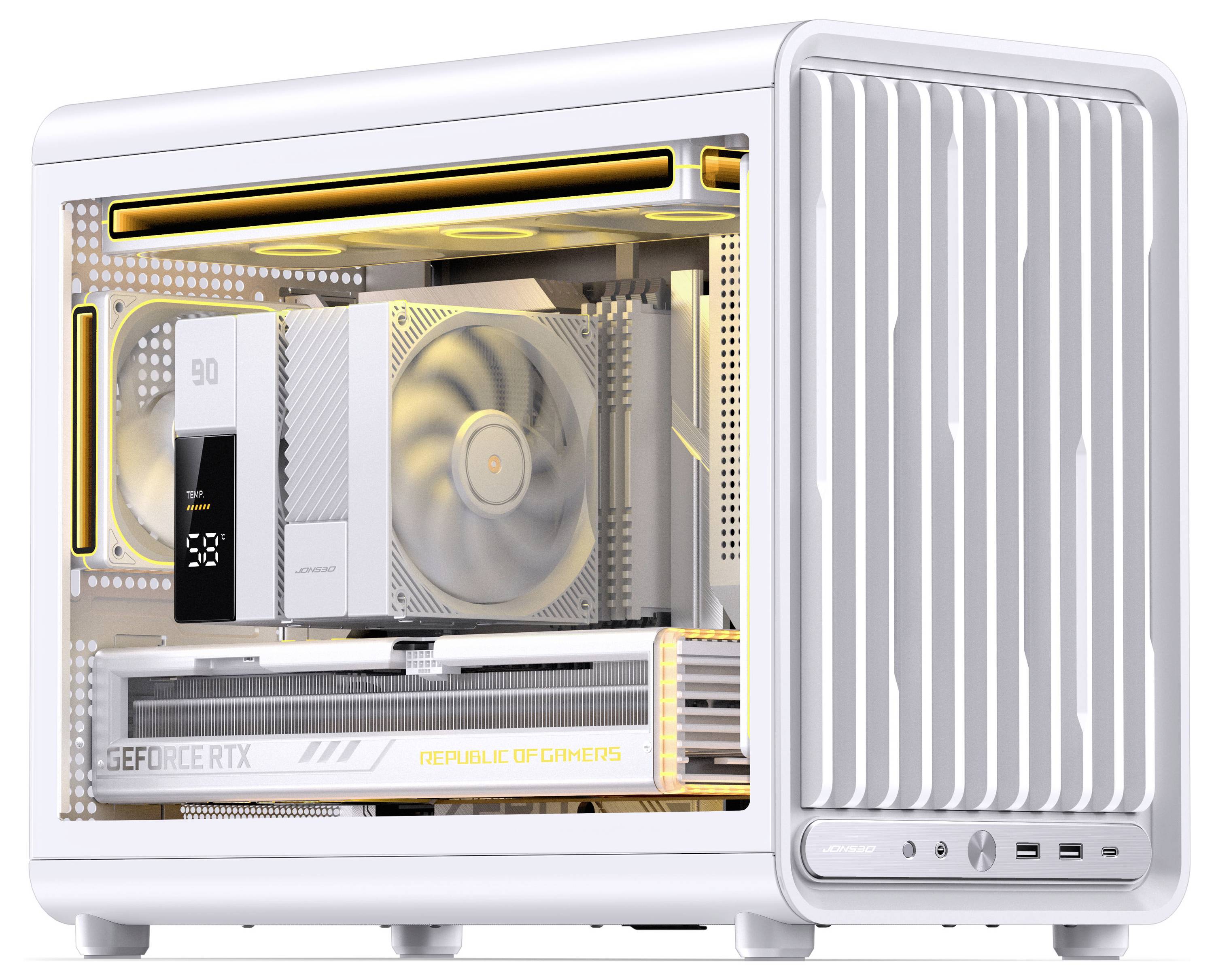 Weißer Gaming-PC-Tower mit Glasseitenpaneel, das beleuchtete interne Komponenten und eine NVIDIA GeForce RTX-Grafikkarte zeigt.