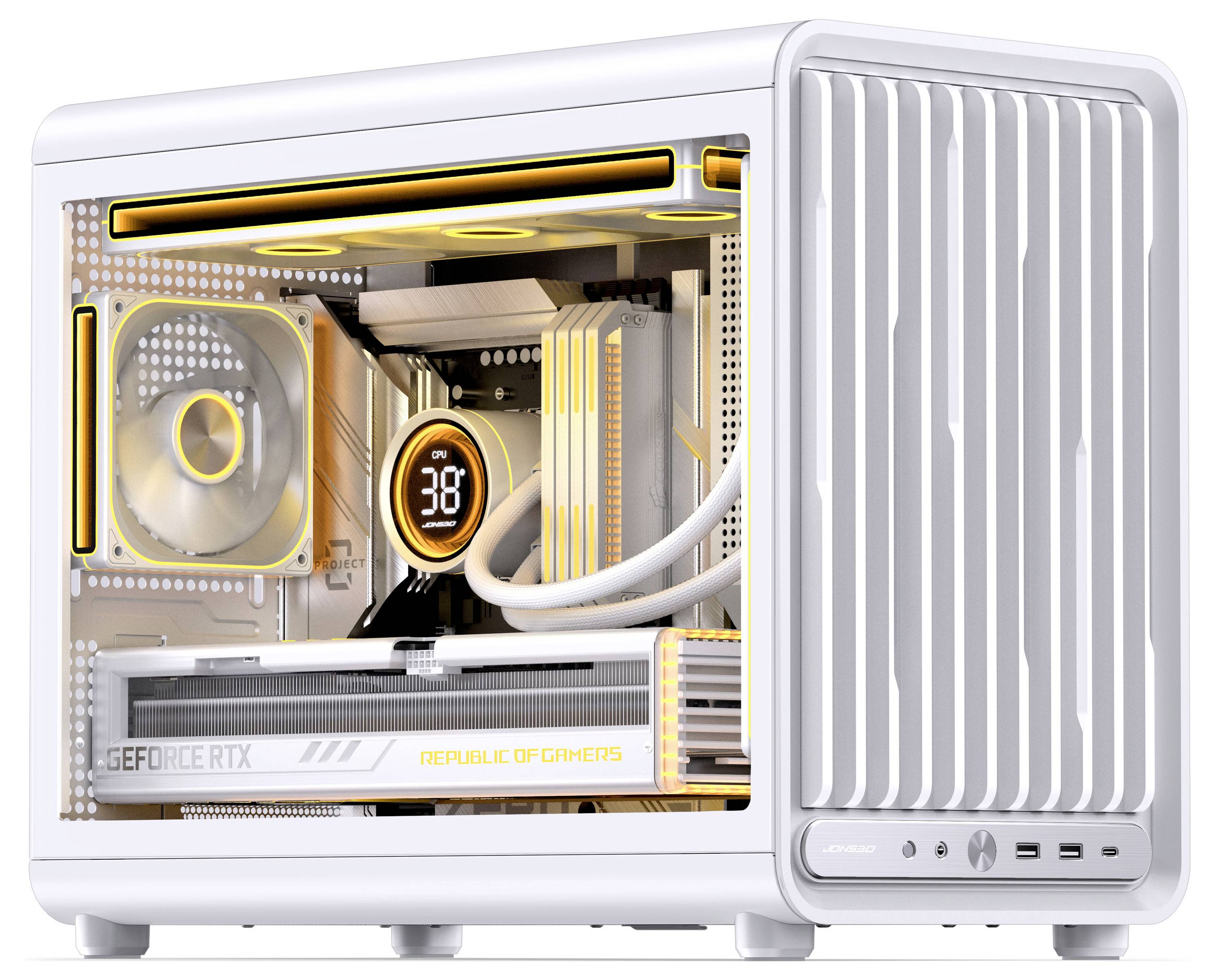 Weißer Desktop-PC-Tower mit Seitenfenster, das beleuchtete Gaming-Komponenten zeigt, einschließlich GeForce RTX-Grafikkarte und Flüssigkeitskühler.