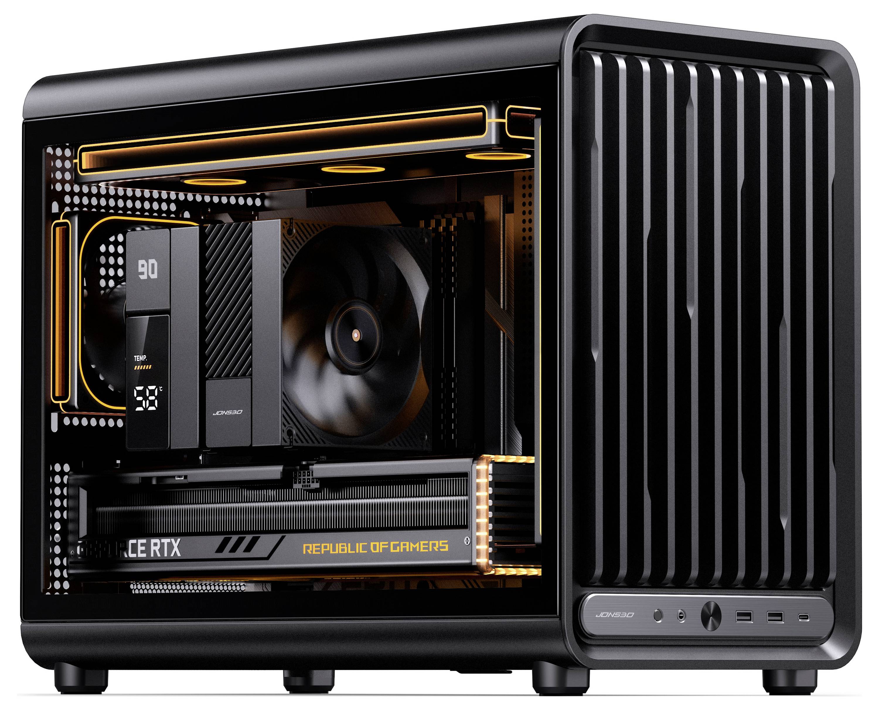 Schwarzes Gaming-Desktop-PC-Gehäuse mit transparenter Seitenwand, beleuchteten orangefarbenen Akzenten und sichtbaren internen Komponenten, einschließlich CPU-Kühler, Lüfter und Grafikkarte.