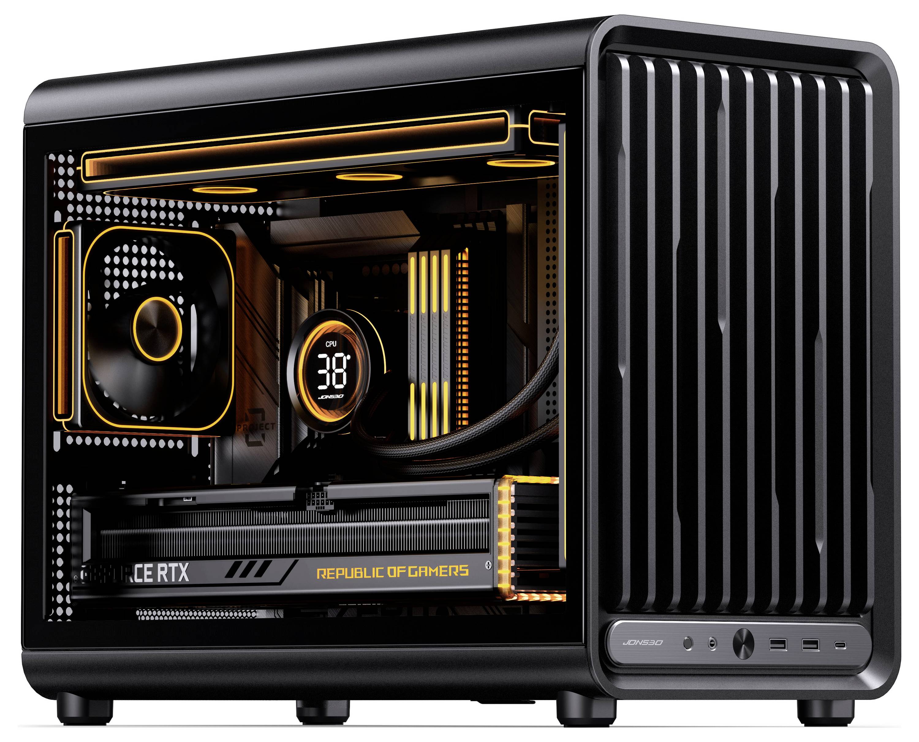 Gaming-PC-Turm mit transparentem Seitenpanel, orangefarbener LED-Beleuchtung, sichtbaren Kühlventilatoren, Grafikkarte und geripptem Frontgrill.