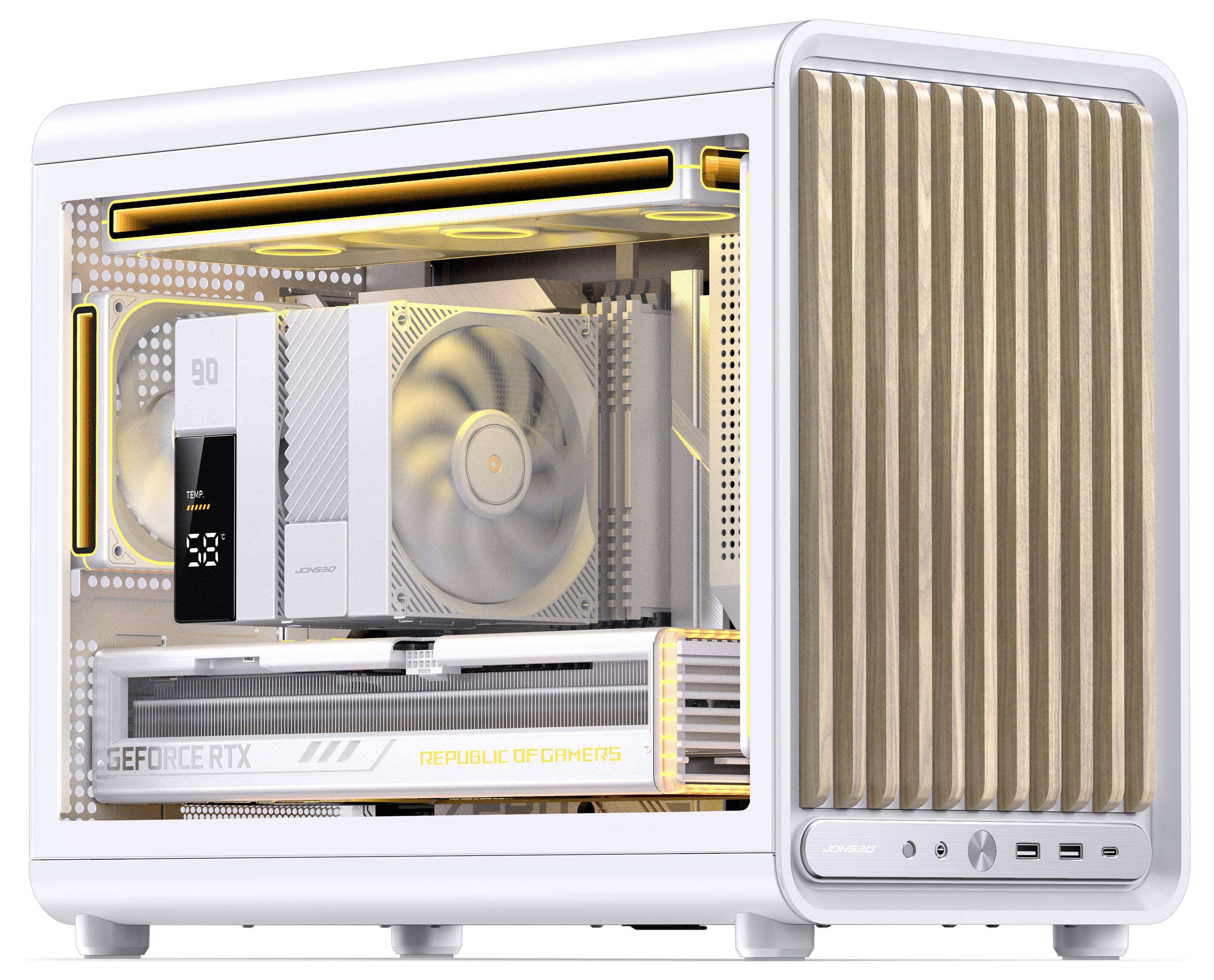 Ein weißes Gaming-Desktop-PC-Gehäuse mit transparentem Seitenpanel, das beleuchtete interne Komponenten zeigt, einschließlich eines großen CPU-Kühlers und einer GeForce RTX-Grafikkarte.