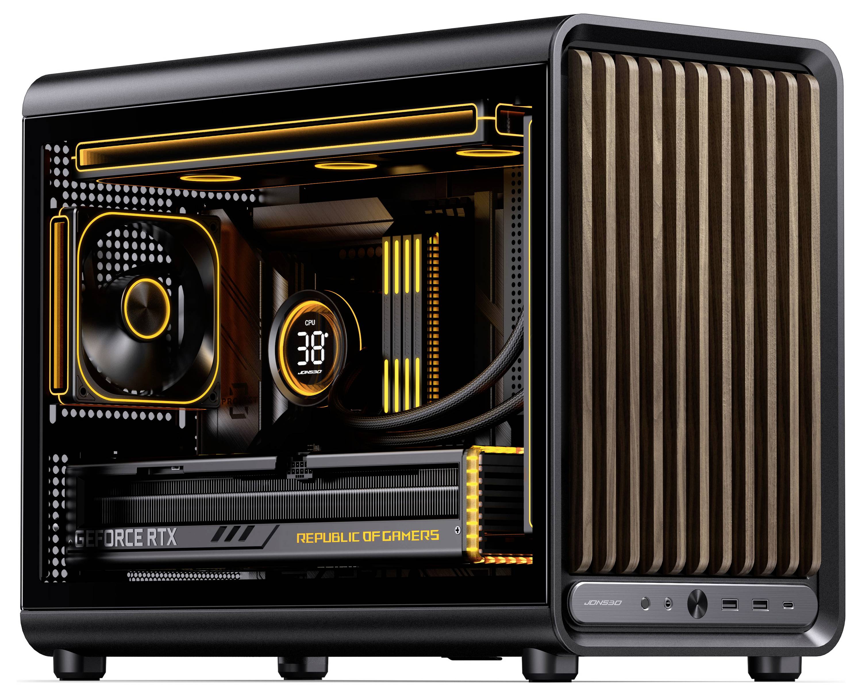 Offenes PC-Gehäuse mit sichtbarer Gaming-Hardware, einschließlich GeForce RTX und Republic of Gamers Grafikkarte, beleuchtet durch orangefarbene LEDs.