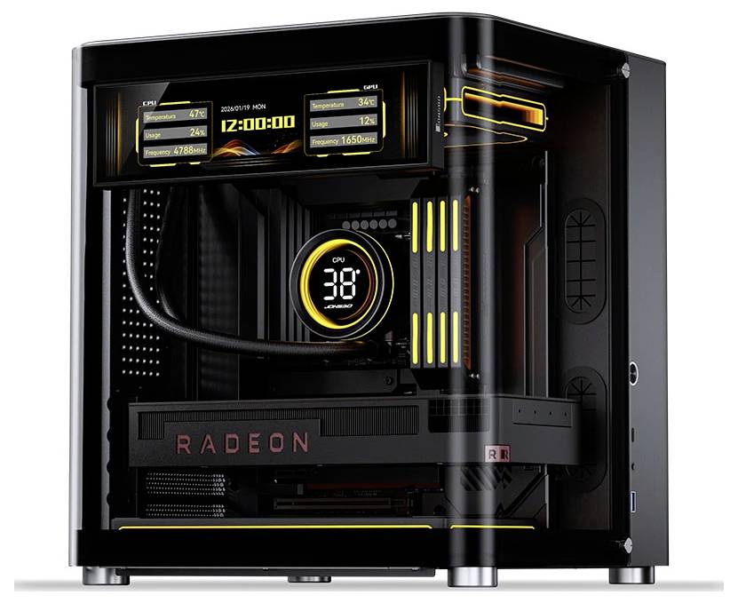 Individueller Gaming-PC-Turm mit transparentem Seitenpaneel, leuchtend gelben Akzenten, Display mit CPU-Temperaturanzeige und Radeon-Grafikkarte im Inneren.