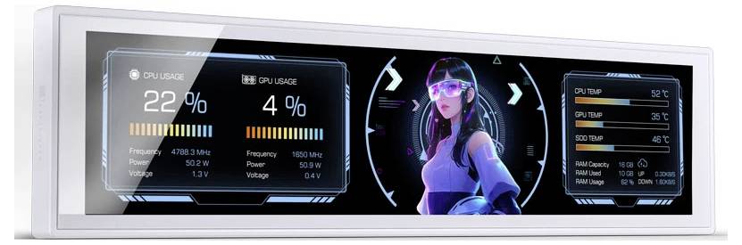 Schlankes weißes Display mit futuristischem Dashboard, zeigt einen Neon-Frauenavatar, CPU-Auslastung 22%, GPU-Auslastung 4% und Systemstatistiken in Seitenpanelen.