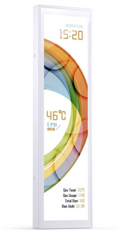 Großes weißes digitales Display mit der Uhrzeit 15:20, dem Datum 2020/01/20, der Temperatur 46°C und CPU-, GPU-, Gesamt-RAM- und RAM-Nutzungsstatistiken über einer farbigen abstrakten Bogengrafik.