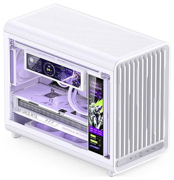 Weißer Gaming-PC-Tower mit transparentem Seitenpanel, violett beleuchtetes Inneres, RGB-Grafikkarte und duale Anzeigeschirme, in einem schlanken kompakten Gehäuse dargestellt.