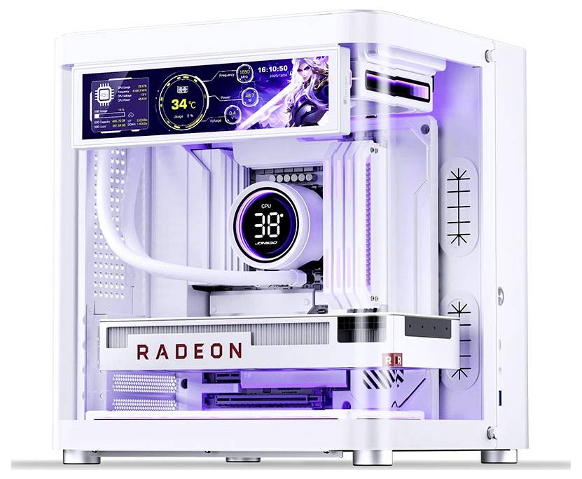 Weißer Desktop-PC-Turm mit Glasseitenpaneel, violetter Beleuchtung, Flüssigkeitskühlung mit Temperaturanzeige von 38°C und installierter Radeon-Grafikkarte.