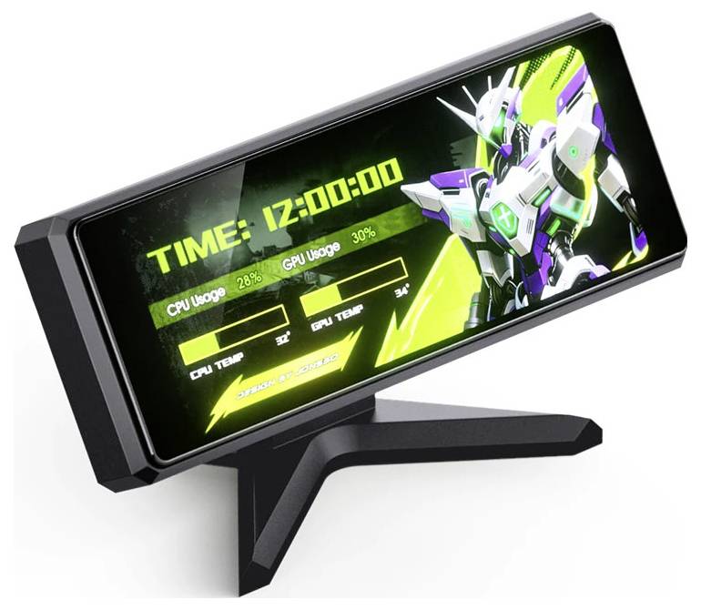 Kleines geneigtes Desktop-Display mit futuristischer Anime-Stil-Schnittstelle mit Zeit, CPU-/GPU-Auslastung, Temperaturen und einer Gaming-Thema-Roboter-Grafik.