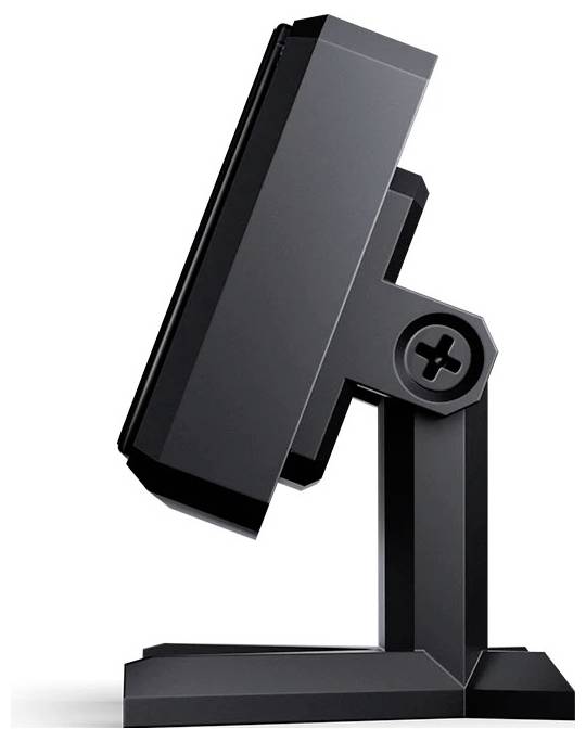 Schwarzer verstellbarer Desktop-Monitor- oder Lampenständer, shown in Seitenansicht auf weißem Hintergrund.