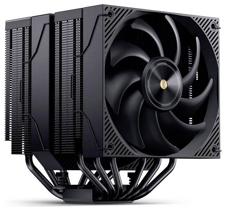Schwarz gefärbter turmartiger CPU-Luftkühler mit großem Lüfter und gestapelten Aluminiumlamellen, auf weißem Hintergrund dargestellt.