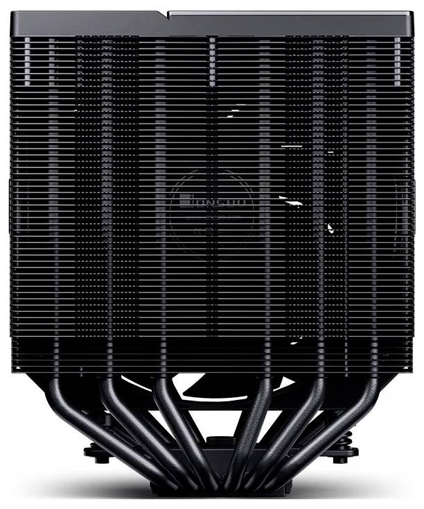 Schwarzer CPU-Kühler mit großem Kühlkörper mit Lamellen und mehreren Wärmerohreh, frontal auf weißem Hintergrund dargestellt.