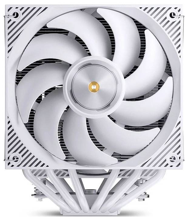 Weißer Computer-Kühlventilator mit sieben gebogenen Blättern und vier Eckschrauben, frontal dargestellt mit einem schützenden quadratischen Rahmen.