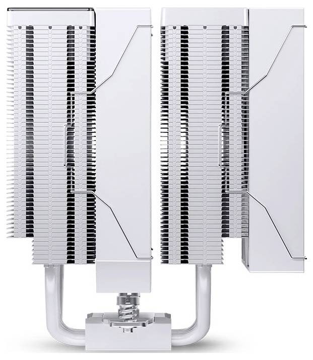 Zwei nebeneinander angeordnete Kühlkörper/Ladeluftkühler-Kerne für Kraftfahrzeuge, die durch U-förmige Aluminiumpipeline verbunden sind, und eine zentrale Ventilbaugruppe auf weißem Hintergrund.