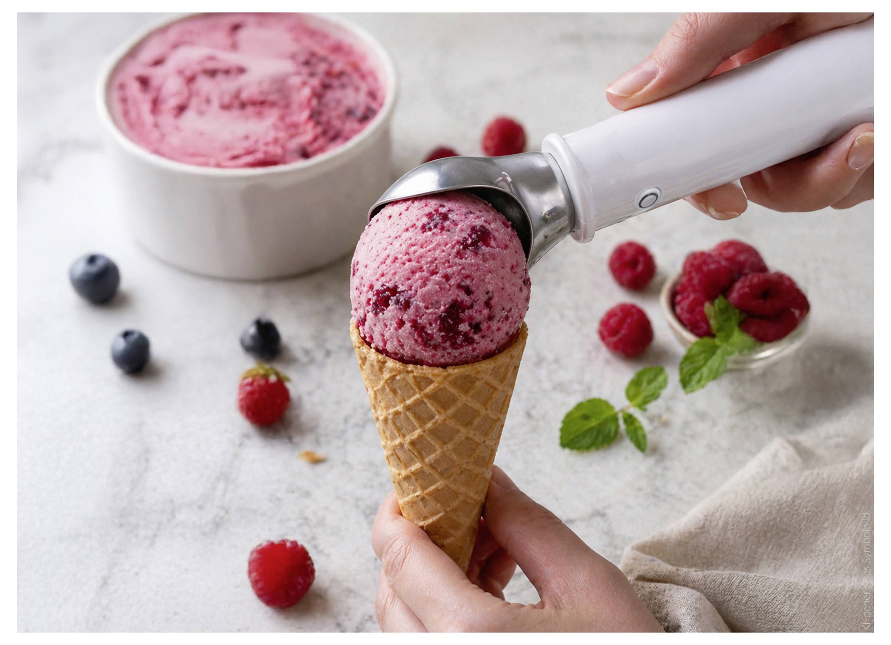 Eine Hand schöpft rosafarbenes Beereneis in einen Waffelhörnchen, mit Beeren und einer Schüssel Eis im Hintergrund.