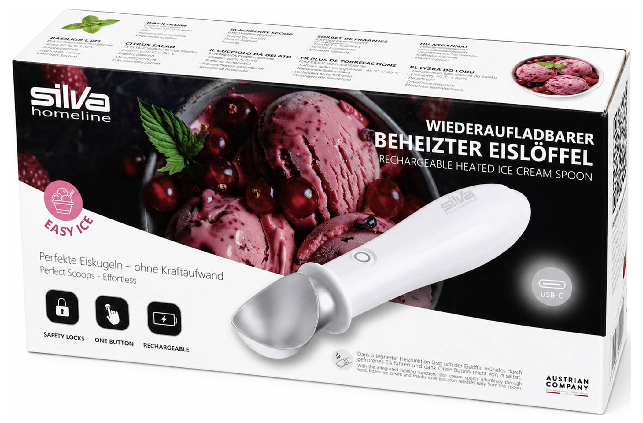 Produktbox für Silwa Homeline wiederaufladbare beheizte Eiscreme-Löffel, gezeigt mit Beereneis, beschriftet auf Deutsch und Englisch, USB-C wiederaufladbar.