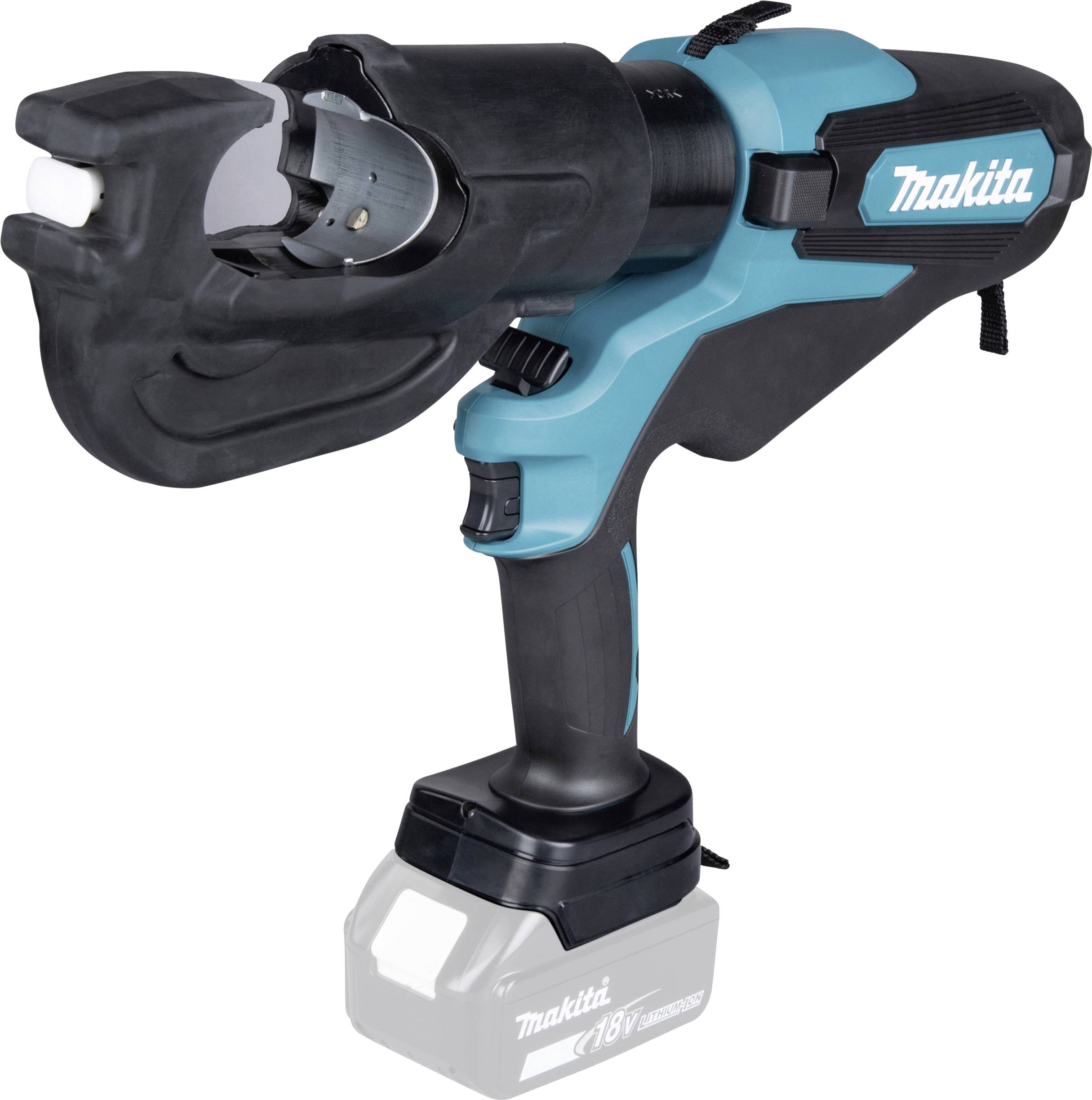 Makita kabelloses hydraulisches Kabelschneider-Set mit Akku, gezeigt auf weißem Hintergrund.