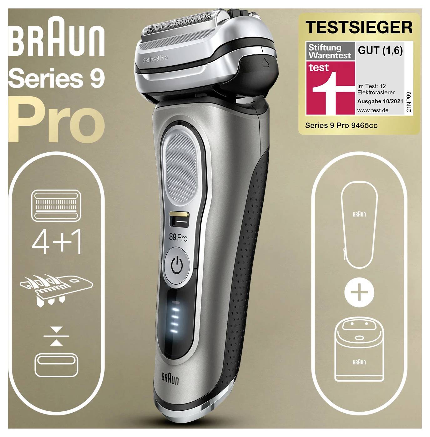 Braun Series 9 Pro Elektrorasierer auf beigem Hintergrund zentriert, mit dem Auszeichnungsbadge „Testsieger GUT (1,6)