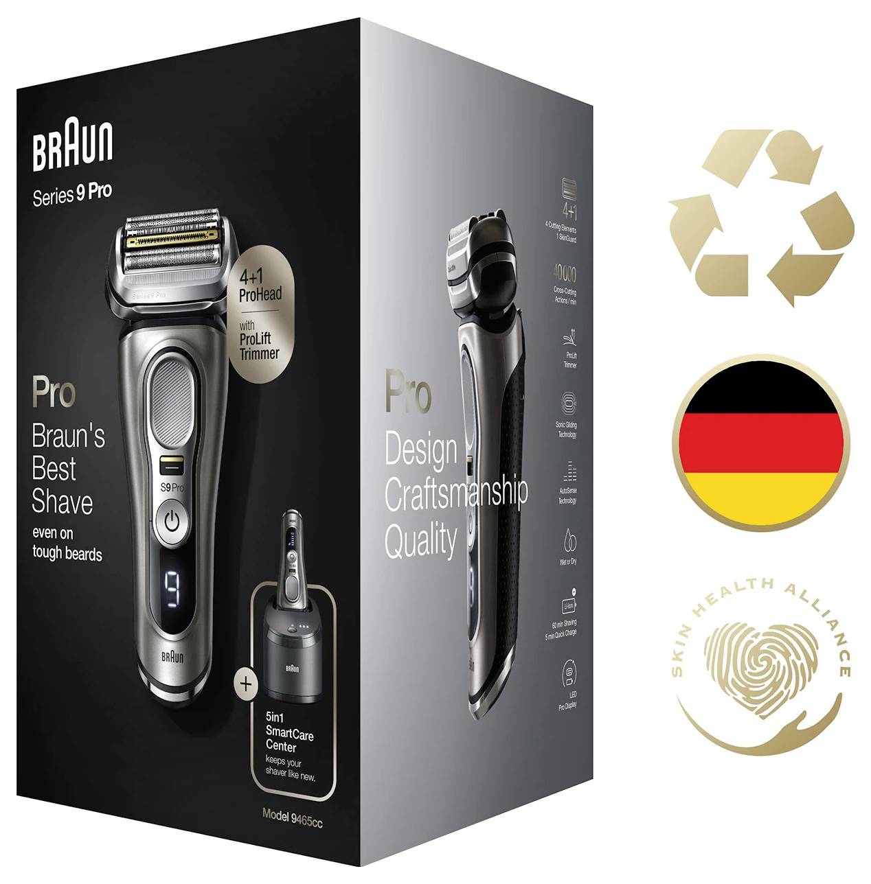 Braun Series 9 Pro Elektrorasierer Box mit Produktbildern, Text '4+1 ProHead mit ProLift Trimmer', sowie Recycling-, Deutschland- und Skin Health Alliance-Logos.