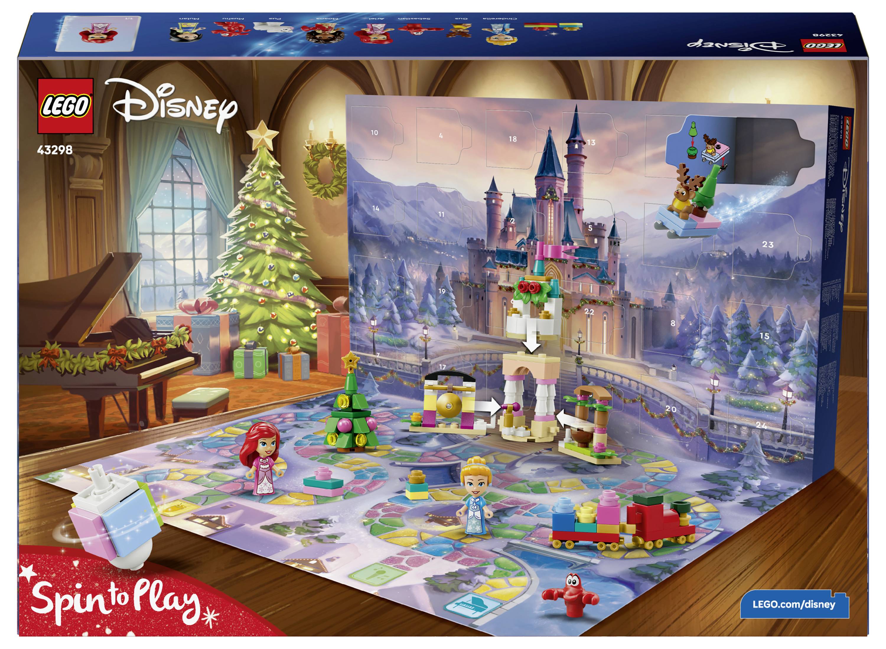 LEGO Disney 'Spin to Play' Adventskalender Schachtelbild mit Prinzessinnenschloss, Weihnachtszimmerszene und Mini-Bau-/Spielfiguren.