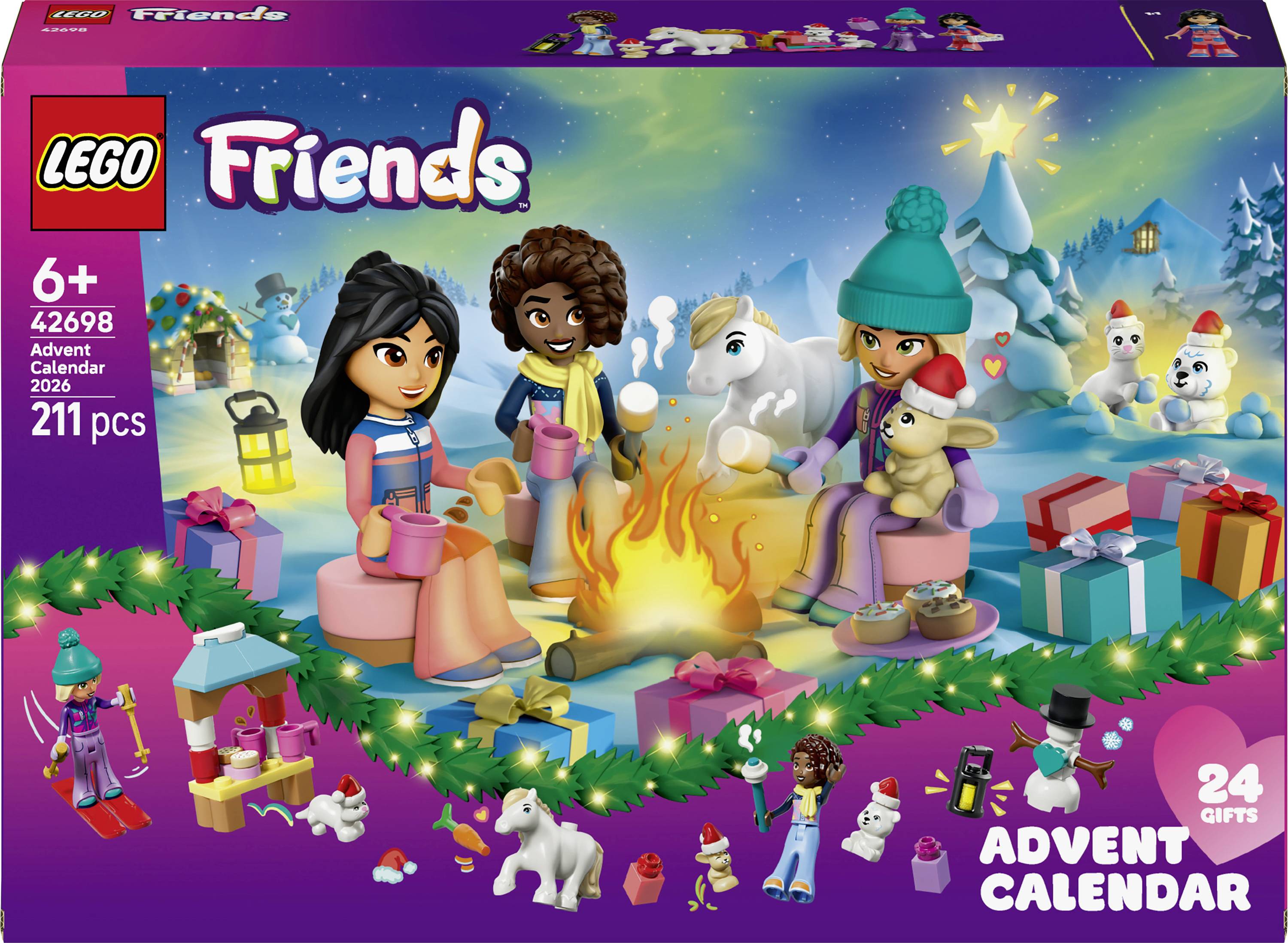 LEGO Friends Adventskalender Schachtel mit zwei Mädchen, Haustieren und Geschenken, die um ein Lagerfeuer in einer verschneiten Weihnachtsszene versammelt sind, mit den Texten „24 Geschenke