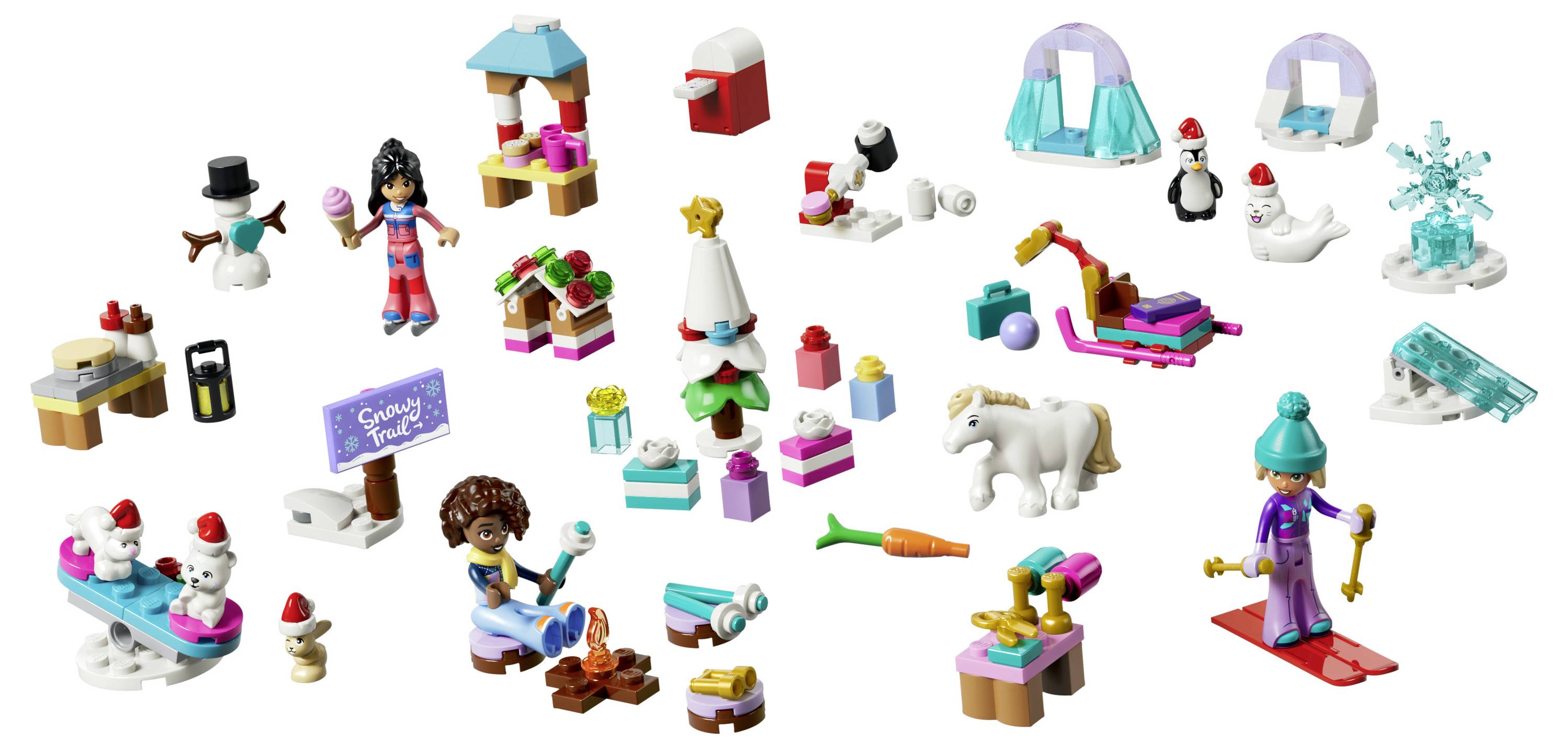 Verschiedene LEGO-ähnliche Winterurlaubs-Minibauten und Minifiguren, einschließlich Weihnachtsmann, Schneemänner, Pinguin, Eisbär, Geschenke, Eisszenen und ein Schild mit der Aufschrift „Sleigh Ride